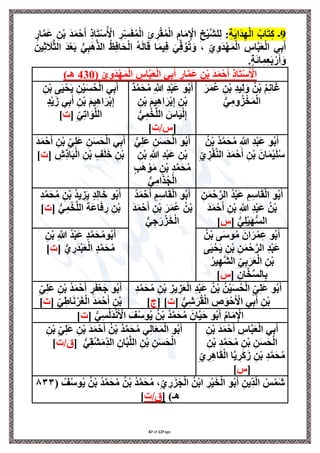 Page
12
of
67
9
ِ‫ة‬َ‫ي‬‫َا‬‫د‬ِ‫ه‬ْ‫ل‬‫ا‬ ُ‫اب‬َ‫ت‬ِ‫ك‬ ‫ـ‬
:
ٍ
‫ار‬‫ه‬‫م‬َ‫ع‬ ِ‫ن‬ْ‫ب‬ َ‫د‬َ‫م‬ْ‫ح‬َ‫أ‬ ِ‫ذ‬‫ا‬َ‫ت‬ْ‫س‬ُ ْ
‫اْل‬ ِ
‫ر‬ِ‫س‬َ‫ف‬ُ‫م‬ْ‫ل‬‫ا‬ ِ‫ئ‬ ِ
‫ر‬ْ‫ق‬ُ‫م‬ْ‫ل‬‫ا‬ ِ‫ام‬َ‫م‬ِْ
‫اْل‬ ِ‫خ‬ْ‫ي‬‫ه‬‫ش‬‫ل‬ِ‫ل‬
ِ
‫اس‬‫ه‬‫ب‬َ‫ع‬ْ‫ل‬‫ا‬ ‫ي‬ِ‫ب‬َ‫أ‬
ِ‫ي‬ِ‫و‬َ‫د‬ْ‫ه‬َ‫م‬ْ‫ل‬‫ا‬
َ‫ين‬ِ‫ث‬ َ
‫َل‬‫ه‬‫ث‬‫ال‬ َ‫د‬ْ‫ع‬َ‫ب‬ ُّ‫ي‬ِ‫ب‬َ‫ه‬‫ه‬‫ذ‬‫ال‬ ُ‫ظ‬ِ‫ف‬‫ا‬َ‫ح‬ْ‫ل‬‫ا‬ ُ‫ه‬َ‫ل‬‫ا‬َ‫ق‬ ‫ا‬َ‫م‬‫ي‬ِ‫ف‬ َ‫ي‬ِ‫ف‬ُ‫و‬ُ‫ت‬َ‫و‬ ،
.ٍ‫ة‬َ‫ئ‬‫ا‬ِ‫م‬ِ‫ع‬َ‫ب‬ْ‫ر‬َ‫أ‬َ‫و‬
َ‫ع‬ْ‫ل‬‫ا‬ ‫ي‬ِ‫ب‬َ‫أ‬ ٍ
‫ار‬‫ه‬‫م‬َ‫ع‬ ِ‫ن‬ْ‫ب‬ َ‫د‬َ‫م‬ْ‫ح‬َ‫أ‬ ِ‫ذ‬‫ا‬َ‫ت‬ْ‫س‬ُ ْ
‫اْل‬
ِ
‫اس‬‫ه‬‫ب‬
( ِ‫ي‬ِ‫و‬َ‫د‬ْ‫ه‬َ‫م‬ْ‫ل‬‫ا‬
430
)‫هـ‬
َ‫ر‬َ‫م‬ُ‫ع‬ ِ‫ن‬ْ‫ب‬ ِ‫د‬‫ي‬ِ‫ل‬َ‫و‬ ُ‫ن‬ْ‫ب‬ ُ‫م‬ِ‫ن‬‫ا‬َ‫غ‬
ُّ‫ي‬ِ‫وم‬ُ‫ز‬ْ‫خ‬َ‫م‬ْ‫ل‬‫ا‬
‫د‬‫ه‬‫م‬َ‫ح‬ُ‫م‬ ِ ‫ه‬
‫َّللا‬ ِ‫د‬ْ‫ب‬َ‫ع‬ ‫و‬ُ‫ب‬َ‫أ‬
ِ‫ن‬ْ‫ب‬ َ‫م‬‫ي‬ِ‫ه‬‫ا‬َ‫ر‬ْ‫ب‬ِ‫إ‬ ِ‫ن‬ْ‫ب‬
ُّ‫ي‬ِ‫م‬ْ‫خ‬‫ه‬‫ل‬‫ال‬ َ
‫اس‬َ‫ي‬ْ‫ل‬ِ‫إ‬
[
‫ت‬/‫س‬
]
ِ‫ن‬ْ‫ب‬ ‫ى‬َ‫ي‬ْ‫ح‬َ‫ي‬ ِ‫ن‬ْ‫ي‬َ‫س‬ُ‫ح‬ْ‫ل‬‫ا‬ ‫ي‬ِ‫ب‬َ‫أ‬
ٍ‫د‬ْ‫ي‬َ‫ز‬ ‫ي‬ِ‫ب‬َ‫أ‬ ِ‫ن‬ْ‫ب‬ َ‫م‬‫ي‬ِ‫ه‬‫ا‬َ‫ر‬ْ‫ب‬ِ‫إ‬
َ‫و‬‫ه‬‫ل‬‫ال‬
[ ِ‫ي‬ِ‫ت‬‫ا‬
‫ت‬
]
‫و‬ُ‫ب‬َ‫أ‬
ُ‫ن‬ْ‫ب‬ ُ‫د‬‫ه‬‫م‬َ‫ح‬ُ‫م‬ ِ ‫ه‬
‫َّللا‬ ِ‫د‬ْ‫ب‬َ‫ع‬
ِ‫ي‬ ِ
‫ز‬ْ‫ف‬‫ه‬‫ن‬‫ال‬ َ‫د‬َ‫م‬ْ‫ح‬َ‫أ‬ ِ‫ن‬ْ‫ب‬ َ‫ان‬َ‫م‬ْ‫ي‬َ‫ل‬ُ‫س‬
ُّ‫ي‬ِ‫ل‬َ‫ع‬ ِ‫ن‬َ‫س‬َ‫ح‬ْ‫ل‬‫ا‬ ‫و‬ُ‫ب‬َ‫أ‬
ِ‫ن‬ْ‫ب‬ ِ ‫ه‬
‫َّللا‬ ِ‫د‬ْ‫ب‬َ‫ع‬ ِ‫ن‬ْ‫ب‬
ٍ‫ب‬َ‫ه‬ ْ‫و‬َ‫م‬ ِ‫ن‬ْ‫ب‬ ِ‫د‬‫ه‬‫م‬َ‫ح‬ُ‫م‬
ُّ‫ي‬ِ‫ام‬َ‫ذ‬ُ‫َّج‬ْ‫ل‬‫ا‬
َ‫د‬َ‫م‬ْ‫ح‬َ‫أ‬ ِ‫ن‬ْ‫ب‬ ِ‫ي‬ِ‫ل‬َ‫ع‬ ِ‫ن‬َ‫س‬َ‫ح‬ْ‫ل‬‫ا‬ ‫ي‬ِ‫ب‬َ‫أ‬
[ ِ
‫ش‬ِ‫ذ‬‫ا‬َ‫ب‬ْ‫ل‬‫ا‬ ِ‫ن‬ْ‫ب‬ ِ‫ف‬َ‫ل‬َ‫خ‬ ِ‫ن‬ْ‫ب‬
‫ت‬
]
ُ‫د‬ْ‫ب‬َ‫ع‬ ِ‫م‬ِ‫س‬‫ا‬َ‫ق‬ْ‫ل‬‫ا‬ ‫و‬ُ‫ب‬َ‫أ‬
ِ‫ن‬َ‫م‬ْ‫ح‬‫ه‬‫الر‬
َ‫د‬َ‫م‬ْ‫ح‬َ‫أ‬ ِ‫ن‬ْ‫ب‬ ِ ‫ه‬
‫َّللا‬ ِ‫د‬ْ‫ب‬َ‫ع‬ ُ‫ن‬ْ‫ب‬
[ ُّ‫ي‬ِ‫ل‬ْ‫ي‬َ‫ه‬ُّ‫س‬‫ال‬
‫س‬
]
ُ‫د‬َ‫م‬ْ‫ح‬َ‫أ‬ ِ‫م‬ِ‫س‬‫ا‬َ‫ق‬ْ‫ل‬‫ا‬ ‫و‬ُ‫ب‬َ‫أ‬
َ‫د‬َ‫م‬ْ‫ح‬َ‫أ‬ ِ‫ن‬ْ‫ب‬ َ‫ر‬َ‫م‬ُ‫ع‬ ُ‫ن‬ْ‫ب‬
ُّ‫ي‬ ِ‫ج‬َ‫ر‬ْ‫ز‬َ‫خ‬ْ‫ل‬‫ا‬
‫و‬ُ‫ب‬َ‫أ‬
ِ‫د‬‫ه‬‫م‬َ‫ح‬ُ‫م‬ ِ‫ن‬ْ‫ب‬ ُ‫د‬‫ي‬ ِ
‫ز‬َ‫ي‬ ٍ‫د‬ِ‫ل‬‫ا‬َ‫خ‬
[ ُّ‫ي‬ِ‫م‬ْ‫خ‬‫ه‬‫ل‬‫ال‬ َ‫َة‬‫ع‬‫ا‬َ‫ف‬ ِ
‫ر‬ ِ‫ن‬ْ‫ب‬
‫ت‬
]
ُ‫ن‬ْ‫ب‬ ‫ى‬َ‫س‬‫و‬ُ‫م‬ َ‫ان‬َ‫ر‬ْ‫م‬ِ‫ع‬ ‫و‬ُ‫ب‬َ‫أ‬
َ‫ي‬ ِ‫ن‬ْ‫ب‬ ِ‫ن‬َ‫م‬ْ‫ح‬‫ه‬‫الر‬ ِ‫د‬ْ‫ب‬َ‫ع‬
‫ى‬َ‫ي‬ْ‫ح‬
ُ‫ير‬ِ‫هه‬‫ش‬‫ال‬ ِ‫ي‬ِ‫ب‬َ‫ر‬َ‫ع‬ْ‫ل‬‫ا‬ ِ‫ن‬ْ‫ب‬
[ ِ‫ان‬‫ه‬‫خ‬‫ه‬‫س‬‫ال‬ِ‫ب‬
‫س‬
]
ِ‫ن‬ْ‫ب‬ ِ ‫ه‬
‫َّللا‬ ُ‫د‬ْ‫ب‬َ‫ع‬ ٍ‫د‬‫ه‬‫م‬َ‫ح‬ُ‫م‬‫و‬ُ‫ب‬َ‫أ‬
[ ُّ‫ي‬ ِ
‫َر‬‫د‬ْ‫ب‬َ‫ع‬ْ‫ل‬‫ا‬ ٍ‫د‬‫ه‬‫م‬َ‫ح‬ُ‫م‬
‫ت‬
]
ِ‫د‬‫ه‬‫م‬َ‫ح‬ُ‫م‬ ِ‫ن‬ْ‫ب‬ ِ
‫يز‬ ِ
‫ز‬َ‫ع‬ْ‫ل‬‫ا‬ ِ‫د‬ْ‫ب‬َ‫ع‬ ُ‫ن‬ْ‫ب‬ ُ‫ن‬ْ‫ي‬َ‫س‬ُ‫ح‬ْ‫ل‬‫ا‬ ٍ‫ي‬ِ‫ل‬َ‫ع‬ ‫و‬ُ‫ب‬َ‫أ‬
[ ُّ‫ي‬ِ‫ش‬َ‫ر‬ُ‫ق‬ْ‫ل‬‫ا‬ ِ
‫ص‬َ‫و‬ْ‫ح‬َ ْ
‫اْل‬ ‫ي‬ِ‫ب‬َ‫أ‬ ِ‫ن‬ْ‫ب‬
‫ت‬
[ ]
‫ج‬
]
ِ‫ن‬ْ‫ب‬ ُ‫د‬َ‫م‬ْ‫ح‬َ‫أ‬ ٍ
‫ر‬َ‫ف‬ْ‫ع‬َ‫ج‬ ‫و‬ُ‫ب‬َ‫أ‬
ِ‫ي‬ِ‫ل‬َ‫ع‬
[ ِ‫ي‬ِ‫اط‬َ‫ن‬ْ‫ر‬َ‫غ‬ْ‫ل‬‫ا‬ َ‫د‬َ‫م‬ْ‫ح‬َ‫أ‬ ِ‫ن‬ْ‫ب‬
‫ت‬
]
[ ُّ‫ي‬ِ‫س‬ُ‫ل‬َ‫د‬ْ‫ن‬َ ْ
‫اْل‬ َ‫ف‬ُ‫س‬‫و‬ُ‫ي‬ ُ‫ن‬ْ‫ب‬ ُ‫د‬‫ه‬‫م‬َ‫ح‬ُ‫م‬ َ‫ان‬‫ه‬‫ي‬َ‫ح‬ ‫و‬ُ‫ب‬َ‫أ‬ ُ‫م‬‫ا‬َ‫م‬ِْ
‫اْل‬
‫ت‬
]
ِ‫ن‬ْ‫ب‬ َ‫د‬َ‫م‬ْ‫ح‬َ‫أ‬ ِ
‫اس‬‫ه‬‫ب‬َ‫ع‬ْ‫ل‬‫ا‬ ‫ي‬ِ‫ب‬َ‫أ‬
ِ‫ن‬ْ‫ب‬ ِ‫د‬‫ه‬‫م‬َ‫ح‬ُ‫م‬ ِ‫ن‬ْ‫ب‬ ِ‫ن‬َ‫س‬َ‫ح‬ْ‫ل‬‫ا‬
ِ‫ي‬ ِ
‫ر‬ِ‫ه‬‫ا‬َ‫ق‬ْ‫ل‬‫ا‬ ‫ا‬‫ه‬‫ي‬ ِ
‫َر‬‫ك‬َ‫ز‬ ِ‫ن‬ْ‫ب‬ ِ‫د‬‫ه‬‫م‬َ‫ح‬ُ‫م‬
[
‫س‬
]
ُ‫ن‬ْ‫ب‬ ُ‫د‬‫ه‬‫م‬َ‫ح‬ُ‫م‬ ‫ي‬ِ‫ل‬‫ا‬َ‫ع‬َ‫م‬ْ‫ل‬‫ا‬ ‫و‬ُ‫ب‬َ‫أ‬
ِ‫ن‬ْ‫ب‬ ِ‫ي‬ِ‫ل‬َ‫ع‬ ِ‫ن‬ْ‫ب‬ َ‫د‬َ‫م‬ْ‫ح‬َ‫أ‬
ُّ‫ي‬ِ‫ق‬ْ‫ش‬َ‫م‬ِ‫الد‬ ِ‫ان‬‫ه‬‫ب‬‫ه‬‫ل‬‫ال‬ ِ‫ن‬ْ‫ب‬ ِ‫ن‬َ‫س‬َ‫ح‬ْ‫ل‬‫ا‬
[
‫ت‬/‫ق‬
]
( ُ‫ف‬ُ‫س‬‫و‬ُ‫ي‬ ُ‫ن‬ْ‫ب‬ ُ‫د‬‫ه‬‫م‬َ‫ح‬ُ‫م‬ ُ‫ن‬ْ‫ب‬ ُ‫د‬‫ه‬‫م‬َ‫ح‬ُ‫م‬ ،ِ‫ي‬ ِ
‫ر‬َ‫ز‬َ‫َّج‬ْ‫ل‬‫ا‬ ُ‫ن‬ْ‫ب‬‫ا‬ ِ
‫ر‬ْ‫ي‬َ‫خ‬ْ‫ل‬‫ا‬ ‫و‬ُ‫ب‬َ‫أ‬ ِ‫ين‬ِ‫د‬ْ‫ل‬‫ا‬ ُ‫س‬ْ‫َم‬‫ش‬
٨٣٣
)‫هـ‬
[
‫ت‬/‫ق‬
]
 