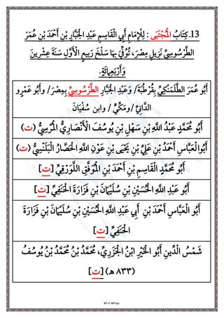 Page
16
of
67
3
1
‫ذ‬
ُ
‫اب‬َ ‫ي‬‫يف‬
‫ى‬َ‫ب‬َ ‫ِل‬‫ج‬ُ‫ِل‬‫مل‬‫ا‬
َ‫ل‬َ‫م‬ُ‫ع‬ ‫ي‬‫ن‬‫ِل‬‫ب‬ َ‫َد‬ ‫ِل‬
‫مح‬َ ‫ي‬‫ن‬‫ِل‬‫ب‬ ‫ي‬‫ار‬َّ‫ب‬َ ‫ِل‬ ‫ا‬ ‫ي‬‫د‬‫ِل‬‫ب‬َ‫ع‬ ‫ي‬ ‫ي‬
‫اة‬َ‫ق‬‫ِل‬‫ل‬‫ا‬ ‫ي‬
‫إل‬َ ‫ي‬‫م‬‫ا‬َ‫م‬‫ي‬ ‫ِل‬
‫إل‬‫ي‬‫ل‬ :
َ‫ن‬‫ي‬ ‫ي‬ ‫ِل‬
‫رش‬‫ي‬‫ع‬ َ‫ة‬َ‫ن‬ َ
‫ة‬ ‫ي‬‫ل‬َّ‫و‬َ ‫ِل‬
‫األ‬ ٍ‫م‬‫ي‬‫ي‬‫ب‬َ‫ر‬ َ
‫خ‬‫ِل‬ َ
‫ة‬ ‫ا‬َ ‫ي‬
‫هب‬ َ ِّ ُ‫و‬ُ‫ل‬ ، َ ‫ِل‬
‫ْص‬‫ي‬‫م‬ ‫ي‬ ‫ي‬‫ي‬ َ‫ن‬ ِّ
‫ي‬
‫وِس‬ ُ
‫ة‬ ‫ِل‬‫ل‬َّ‫ط‬‫ال‬
.ٍ‫ة‬َ‫ر‬ ‫ي‬
‫ام‬‫ي‬‫ع‬َ‫ب‬‫ِل‬‫ر‬َ َ‫و‬
َ‫ل‬َ‫م‬ُ‫ع‬ ‫و‬ُ‫ب‬َ
ِّ‫ر‬‫ي‬‫ِلا‬‫ن‬َ‫م‬َ َّ‫ط‬‫ال‬
َ ‫ِل‬ ‫ا‬ ‫ي‬‫د‬‫ِل‬‫ب‬َ‫ع‬َ‫و‬ /َ‫ة‬َ‫ب‬ُ ‫ِل‬‫ل‬ُ‫ق‬‫ي‬‫ب‬
‫ي‬‫ار‬َّ‫ب‬
ِّ
‫ي‬
‫وِس‬ ُ
‫ة‬‫ِل‬‫ل‬َّ‫ط‬‫ال‬
‫و‬ٍ‫ل‬‫ِل‬‫م‬َ‫ع‬ ‫و‬ُ‫ب‬َ ‫و‬ / َ ‫ِل‬
‫ْص‬‫ي‬‫م‬‫ي‬‫ب‬
َ‫ان‬َ‫ي‬‫ِل‬ ُ
‫ة‬ ‫وابن‬ / ٍّ‫ِّر‬‫ا‬َ‫م‬‫و‬/ ِّ
‫ي‬
‫اين‬َّ‫الد‬
( ُّ
‫ي‬
‫ِس‬‫ِل‬‫ل‬ُ‫ِل‬‫مل‬‫ا‬ ُّ ‫ي‬‫ار‬ َ
‫ص‬‫ِل‬‫ن‬َ ‫ِل‬
‫األ‬ َ
‫ف‬ ُ
‫وة‬ُ‫ي‬ ‫ي‬‫ن‬‫ِل‬‫ب‬ ‫ي‬ ‫ِل‬‫ه‬ َ
‫ة‬ ‫ي‬‫ن‬‫ِل‬‫ب‬‫ي‬
َّ
‫اَّلل‬ ُ‫د‬‫ِل‬‫ب‬َ‫ع‬ ٍ‫د‬َّ‫م‬َ ُ
‫حم‬ ‫و‬ُ‫ب‬َ
)
‫ي‬
َّ
‫اَّلل‬ ‫ي‬‫ن‬‫ِل‬‫و‬َ‫ع‬ ‫ي‬‫ن‬‫ِل‬‫ب‬ ‫ى‬َ‫ي‬‫ِل‬ َ
‫َي‬ ‫ي‬‫ن‬‫ِل‬‫ب‬ ِّ
‫ي‬
‫ه‬َ‫ع‬ ‫ي‬‫ن‬‫ِل‬‫ب‬ ُ‫َد‬ ‫ِل‬
‫مح‬َ ‫ي‬‫اس‬َّ‫ب‬َ‫ع‬‫ِل‬‫ل‬‫وا‬ُ‫ب‬َ
ُ‫ار‬ َّ
‫ص‬َ ‫ِل‬‫احل‬
( ُّ
‫ي‬
‫ِلس‬‫ن‬َ َ‫ب‬‫ِل‬‫ل‬‫ا‬
)
‫و‬ُ‫ب‬َ
[ ِّ‫ر‬‫ي‬
‫ِل‬‫ر‬َ‫و‬َّ ‫ال‬ ‫ي‬
‫ي‬َّ‫ف‬َ‫و‬ُ‫ِل‬‫مل‬‫ا‬ ‫ي‬‫ن‬‫ِل‬‫ب‬ َ‫َد‬ ‫ِل‬
‫مح‬َ ‫ي‬‫ن‬‫ِل‬‫ب‬ ‫ي‬ ‫ي‬
‫اة‬َ‫ق‬‫ِل‬‫ل‬‫ا‬ ٍ‫د‬َّ‫م‬َ ُ
‫حم‬
]
[ ِّ‫ر‬‫ي‬ َ‫ن‬َ ‫ِل‬‫احل‬ َ‫ة‬َ‫ار‬َ َ‫ف‬ ‫ي‬‫ن‬‫ِل‬‫ب‬ َ‫ن‬ َ‫ام‬‫ِل‬‫ي‬َ ُ
‫ة‬ ‫ي‬‫ن‬‫ِل‬‫ب‬ ‫ي‬ ‫ِل‬
‫ني‬ َ
‫س‬ُ ‫ِل‬‫احل‬‫ي‬
َّ
‫اَّلل‬ ‫ي‬‫د‬‫ِل‬‫ب‬َ‫ع‬ ‫و‬ُ‫ب‬َ
]
‫ي‬
َّ
‫اَّلل‬ ‫ي‬‫د‬‫ِل‬‫ب‬َ‫ع‬ ‫ي‬
‫إل‬َ ‫ي‬‫ن‬‫ِل‬‫ب‬ َ‫َد‬ ‫ِل‬
‫مح‬َ ‫ي‬‫اس‬َّ‫ب‬َ‫ع‬‫ِل‬‫ل‬‫ا‬ ‫و‬ُ‫ب‬َ
َ‫ة‬َ‫ار‬َ َ‫ف‬ ‫ي‬‫ن‬‫ِل‬‫ب‬ َ‫ن‬ َ‫ام‬‫ِل‬‫ي‬َ ُ
‫ة‬ ‫ي‬‫ن‬‫ِل‬‫ب‬ ‫ي‬ ‫ِل‬
‫ني‬ َ
‫س‬ُ ‫ِل‬‫احل‬
[ ِّ‫ر‬‫ي‬ َ‫ن‬َ ‫ِل‬‫احل‬
]
ُ
‫ف‬ ُ
‫وة‬ُ‫ي‬ ُ‫ن‬‫ِل‬‫ب‬ ُ‫د‬َّ‫م‬َ ُ
‫حم‬ ُ‫ن‬‫ِل‬‫ب‬ ُ‫د‬َّ‫م‬َ ُ
‫حم‬ ، ِّ ‫ي‬‫ر‬ َ َ ‫ِل‬ ‫ا‬ ُ‫ن‬‫ِل‬‫ب‬‫ا‬ ‫ي‬ ‫ِل‬
‫ري‬َ ‫ِل‬ ‫ا‬ ‫و‬ُ‫ب‬َ ‫ي‬‫ين‬ِّ‫د‬‫ِل‬‫ل‬‫ا‬ ُ
‫س‬‫ِل‬‫م‬ َ
‫ش‬
(
٨٣٣
)‫ـه‬
[
]
 