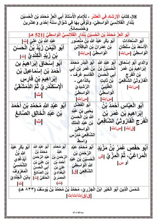 Page
40
of
67
38
ُ‫اب‬َ‫ت‬ِ‫ك‬ ‫ـ‬
ِ
‫ْر‬‫ش‬َ‫ع‬ْ‫ل‬‫ا‬ ‫ي‬ِ‫ف‬ ِ‫د‬‫َا‬‫ش‬ ْ‫ر‬ِْ
‫اْل‬
،
ِ‫ن‬ْ‫ي‬َ‫س‬ُ‫ح‬ْ‫ل‬‫ا‬ ِ‫ن‬ْ‫ب‬ ِ‫د‬‫ه‬‫م‬َ‫ح‬ُ‫م‬ ِ
‫ز‬ِ‫ع‬ْ‫ل‬‫ا‬ ‫ي‬ِ‫ب‬َ‫أ‬ ِ‫ذ‬‫ا‬َ‫ت‬ْ‫س‬ُ ْ
‫اْل‬ ِ‫ام‬َ‫م‬ِ ْ
‫ْل‬ِ‫ل‬
َ‫ين‬ ِ
‫ْر‬‫ش‬ِ‫ع‬َ‫و‬ ‫َى‬‫د‬ْ‫ح‬ِ‫إ‬ َ‫ة‬َ‫ن‬َ‫س‬ ٍ‫ل‬‫ا‬‫ه‬‫َو‬‫ش‬ ‫ي‬ِ‫ف‬ ‫ا‬َ‫ه‬ِ‫ب‬ َ‫ي‬ِ‫ف‬ُ‫و‬ُ‫ت‬َ‫و‬ ،ِ‫ي‬ِ‫ط‬ِ‫س‬‫ا‬َ‫و‬ْ‫ل‬‫ا‬ ِ‫ي‬ِ‫س‬ِ‫ن‬ َ
‫َل‬َ‫ق‬ْ‫ل‬‫ا‬ ٍ
‫َار‬‫د‬ْ‫ن‬ُ‫ب‬
.ٍ‫ة‬َ‫ئ‬‫ا‬ِ‫م‬ِ‫س‬ْ‫م‬َ‫خ‬َ‫و‬
َ‫و‬ْ‫ل‬‫ا‬ ُّ‫ي‬ِ‫س‬ِ‫ن‬ َ
‫َل‬َ‫ق‬ْ‫ل‬‫ا‬ ٍ
‫َار‬‫د‬ْ‫ن‬ُ‫ب‬ ِ‫ن‬ْ‫ي‬َ‫س‬ُ‫ح‬ْ‫ل‬‫ا‬ ِ‫ن‬ْ‫ب‬ ‫د‬‫ه‬‫م‬َ‫ح‬ُ‫م‬ ِ
‫ز‬ِ‫ع‬ْ‫ل‬‫ا‬ ‫و‬ُ‫ب‬َ‫أ‬
[ ُّ‫ي‬ِ‫ط‬ِ‫س‬‫ا‬
521
]‫هـ‬
ِ‫ت‬‫َا‬‫د‬‫ا‬َ‫ع‬‫ه‬‫س‬‫ال‬ ‫و‬ُ‫ب‬َ‫أ‬
ٍ‫ان‬َ‫ط‬ْ‫ل‬ُ‫س‬ ُ‫ن‬ْ‫ب‬ ُ‫د‬َ‫ع‬ْ‫س‬َ ْ
‫اْل‬
ُّ‫ي‬ِ‫ط‬ِ‫س‬‫ا‬َ‫و‬ْ‫ل‬‫ا‬
[
‫ت‬/‫س‬
]
ِ
‫ور‬ُ‫ص‬ْ‫ن‬َ‫م‬ ُ‫ن‬ْ‫ب‬ ِ ‫ه‬
‫َّللا‬ ُ‫د‬ْ‫ب‬َ‫ع‬ ٍ
‫ر‬ْ‫ك‬َ‫ب‬ ‫و‬ُ‫ب‬َ‫أ‬
ِ‫ي‬ِ‫ن‬ ‫ه‬
‫َل‬ِ‫ق‬‫ا‬َ‫ب‬ْ‫ل‬‫ا‬ ِ‫ن‬ْ‫ب‬ َ‫ان‬َ‫ر‬ْ‫م‬ِ‫ع‬ ِ‫ن‬ْ‫ب‬
ُّ‫ي‬ِ‫ط‬ِ‫س‬‫ا‬َ‫و‬ْ‫ل‬‫ا‬
[
‫ت‬/‫س‬
]
ٍ‫ي‬ِ‫ل‬َ‫ع‬ ِ‫ن‬ْ‫ب‬ ِ ‫ه‬
‫َّللا‬ ِ‫د‬ْ‫ب‬َ‫ع‬
[
‫ت‬
]
ِ‫ن‬َ‫س‬َ‫ح‬ْ‫ل‬‫ا‬ ُ‫ن‬ْ‫ب‬ ُ‫د‬ْ‫ي‬َ‫ز‬ ِ‫ن‬ْ‫م‬ُ‫ي‬ْ‫ل‬‫ا‬ ‫و‬ُ‫ب‬َ‫أ‬
ُّ‫ي‬ِ‫د‬ْ‫ن‬ِ‫ك‬ْ‫ل‬‫ا‬ ٍ‫د‬ْ‫ي‬َ‫ز‬ ِ‫ن‬ْ‫ب‬
[
‫ت‬
]
َ‫اق‬َ‫ح‬ْ‫س‬ِ‫إ‬ ‫و‬ُ‫ب‬َ‫أ‬ ‫ي‬ِ‫د‬ِ‫ل‬‫ا‬َ‫و‬
َ‫ر‬َ‫م‬ُ‫ع‬ ِ‫ن‬ْ‫ب‬ ُ‫م‬‫ي‬ِ‫ه‬‫ا‬َ‫ر‬ْ‫ب‬ِ‫إ‬
ِ‫ج‬َ‫ر‬َ‫ف‬ْ‫ل‬‫ا‬ ِ‫ن‬ْ‫ب‬
ُّ‫ي‬ِ‫ع‬ِ‫ف‬‫ها‬‫ش‬‫ال‬ ُّ‫ي‬ِ‫ث‬‫و‬ُ‫ار‬َ‫ف‬ْ‫ل‬‫ا‬
[
‫ت‬/‫س‬
]
ِ ‫ه‬
‫َّللا‬ ِ‫د‬ْ‫ب‬َ‫ع‬ ‫و‬ُ‫ب‬َ‫أ‬
ُ‫ن‬ْ‫ب‬ ُ‫ن‬ْ‫ي‬َ‫س‬ُ‫ح‬ْ‫ل‬‫ا‬
ِ‫ن‬َ‫س‬َ‫ح‬ْ‫ل‬‫ا‬ ‫ي‬ِ‫ب‬َ‫أ‬
ٍ‫ت‬ِ‫ب‬‫ا‬َ‫ث‬ ِ‫ن‬ْ‫ب‬
ُّ‫ي‬ِ‫ب‬ِ‫ي‬‫ه‬‫ط‬‫ال‬
ُّ‫ي‬ِ‫ط‬ِ‫س‬‫ا‬َ‫و‬ْ‫ل‬‫ا‬
[
‫ت‬/‫س‬
]
ُ‫د‬‫ه‬‫م‬َ‫ح‬ُ‫م‬ ِ
‫ْر‬‫د‬َ‫ب‬ْ‫ل‬‫ا‬ ‫و‬ُ‫ب‬َ‫أ‬
‫ي‬ِ‫ب‬َ‫أ‬ ِ‫ن‬ْ‫ب‬ َ‫ر‬َ‫م‬ُ‫ع‬ ُ‫ن‬ْ‫ب‬
َ‫ف‬ ِ
‫ُر‬‫ع‬ ِ‫م‬ِ‫س‬‫ا‬َ‫ق‬ْ‫ل‬‫ا‬
-
‫ي‬ِ‫ع‬‫ها‬‫د‬‫ال‬ِ‫ب‬
-
ِ‫ي‬ِ‫د‬‫ي‬ِ‫ش‬‫ه‬‫الر‬
ِ‫ي‬ِ‫ط‬ِ‫س‬‫ا‬َ‫و‬ْ‫ل‬‫ا‬
[
‫ت‬/‫س‬
]
‫بن‬ ُ‫م‬‫ي‬ِ‫ه‬‫ا‬َ‫ر‬ْ‫ب‬ِ‫إ‬ َ‫اق‬َ‫ح‬ْ‫س‬ِ‫إ‬ ‫و‬ُ‫ب‬َ‫أ‬
ِ‫ن‬ْ‫ب‬ َ‫ل‬‫ي‬ِ‫ع‬‫ا‬َ‫م‬ْ‫س‬ِ‫إ‬ ِ‫ن‬ْ‫ب‬ َ‫د‬َ‫م‬ْ‫ح‬َ‫أ‬
ٍ
‫س‬ ِ
‫ار‬َ‫ف‬ ِ‫ن‬ْ‫ب‬ َ‫م‬‫ي‬ِ‫ه‬‫ا‬َ‫ر‬ْ‫ب‬ِ‫إ‬
ُّ‫ي‬ِ‫ق‬ْ‫ش‬َ‫م‬ِ‫الد‬ ‫ه‬‫م‬ُ‫ث‬ ُّ‫ي‬ ِ
‫َر‬‫د‬ْ‫ن‬َ‫ك‬ْ‫س‬ِْ
‫اْل‬
[
‫ت‬
]
ُ‫ن‬ْ‫ب‬ ُ‫د‬َ‫م‬ْ‫ح‬َ‫أ‬ ِ
‫اس‬‫ه‬‫ب‬َ‫ع‬ْ‫ل‬‫ا‬ ‫و‬ُ‫ب‬َ‫أ‬
ِ‫ن‬ْ‫ب‬ َ‫ر‬َ‫م‬ُ‫ع‬ ِ‫ن‬ْ‫ب‬ َ‫م‬‫ي‬ِ‫ه‬‫ا‬َ‫ر‬ْ‫ب‬ِ‫إ‬
ُّ‫ي‬ِ‫ع‬ِ‫ف‬‫ها‬‫ش‬‫ال‬ ُّ‫ي‬ِ‫ث‬‫و‬ُ‫ار‬َ‫ف‬ْ‫ل‬‫ا‬ ِ‫ج‬َ‫ر‬َ‫ف‬ْ‫ل‬‫ا‬
[
‫ت‬/‫ق‬
[ ]
‫ت‬/‫س‬
]
ُ‫ب‬َ‫أ‬
‫و‬
ِ‫ل‬ْ‫ض‬َ‫ف‬ْ‫ل‬‫ا‬
ِ‫د‬ْ‫ب‬َ‫ع‬ ِ‫ن‬ْ‫ب‬ ‫ى‬َ‫ي‬ْ‫ح‬َ‫ي‬
ِ‫ن‬َ‫س‬َ‫ح‬ْ‫ل‬‫ا‬ ِ‫ن‬ْ‫ب‬ ِ ‫ه‬
‫َّللا‬
ِ‫ك‬ِ‫ل‬َ‫م‬ْ‫ل‬‫ا‬ ِ‫د‬ْ‫ب‬َ‫ع‬ ِ‫ن‬ْ‫ب‬
ِ‫ي‬ِ‫ط‬ِ‫س‬‫ا‬َ‫و‬ْ‫ل‬‫ا‬
ِ
‫س‬ ِ
‫َر‬‫د‬ُ‫م‬ ِ‫ي‬ِ‫ع‬ِ‫ف‬‫ها‬‫ش‬‫ال‬
َ‫ط‬ِ‫س‬‫ا‬َ‫و‬
َ‫د‬َ‫م‬ْ‫ح‬َ‫أ‬ ِ‫ن‬ْ‫ب‬ ِ‫د‬‫ه‬‫م‬َ‫ح‬ُ‫م‬ ِ ‫ه‬
‫َّللا‬ ِ‫د‬ْ‫ب‬َ‫ع‬ ‫و‬ُ‫ب‬َ‫أ‬
ِ‫غ‬ِ‫ئ‬‫ا‬‫ه‬‫ص‬‫ال‬ ِ‫ق‬ِ‫ل‬‫ا‬َ‫خ‬ْ‫ل‬‫ا‬ ِ‫د‬ْ‫ب‬َ‫ع‬ ِ‫ن‬ْ‫ب‬
[
‫ت‬
]
ُ‫ن‬ْ‫ب‬ ُ‫ر‬َ‫م‬ُ‫ع‬ ٍ
‫ص‬ْ‫ف‬َ‫ح‬ ‫و‬ُ‫ب‬َ‫أ‬
ٍ‫د‬َ‫ي‬ْ‫ز‬َ‫م‬
،ُّ‫ي‬ِ‫غ‬‫ا‬َ‫ر‬َ‫م‬ْ‫ل‬‫ا‬
ُّ‫ي‬ ِ
‫ز‬ِ‫م‬ْ‫ل‬‫ا‬ ‫ه‬‫م‬ُ‫ث‬
[
‫ش‬
‫أو‬
‫س‬
]
ُ‫ب‬َ‫أ‬
‫و‬
ِ‫د‬ْ‫ب‬َ‫ع‬ ٍ‫د‬‫ه‬‫م‬َ‫ح‬ُ‫م‬
ِ‫ن‬ْ‫ب‬ ِ‫ن‬َ‫م‬ْ‫ح‬‫ه‬‫الر‬
ِ‫د‬ْ‫ب‬َ‫ع‬ ِ‫ن‬ْ‫ب‬ ِ‫ن‬ْ‫ي‬َ‫س‬ُ‫ح‬ْ‫ل‬‫ا‬
ِ‫ي‬ِ‫ط‬ِ‫س‬‫ا‬َ‫و‬ْ‫ل‬‫ا‬ ِ ‫ه‬
‫َّللا‬
ِ‫ي‬ِ‫ع‬ِ‫ف‬‫ها‬‫ش‬‫ال‬
[
‫ق‬
]
ٍ‫د‬‫ه‬‫م‬َ‫ح‬ُ‫م‬ ‫و‬ُ‫ب‬َ‫أ‬
ُ‫د‬ْ‫ب‬َ‫ع‬
ُ‫ن‬ْ‫ب‬ ِ‫ن‬َ‫م‬ْ‫ح‬‫ه‬‫الر‬
ِ‫ن‬ْ‫ب‬ َ‫د‬َ‫م‬ْ‫ح‬َ‫أ‬
ِ‫ن‬ْ‫ب‬ ِ‫ي‬ِ‫ل‬َ‫ع‬
ِ‫ِي‬‫د‬‫َا‬‫د‬ْ‫غ‬َ‫ب‬ْ‫ل‬‫ا‬
ُّ‫ي‬ ِ
‫ر‬ْ‫ص‬ِ‫م‬ْ‫ل‬‫ا‬
(
‫ت‬
)
ِ ‫ه‬
‫َّللا‬ ِ‫د‬ْ‫ب‬َ‫ع‬ ‫و‬ُ‫ب‬َ‫أ‬
ُ‫ن‬ْ‫ب‬ ُ‫د‬‫ه‬‫م‬َ‫ح‬ُ‫م‬
ِ‫ن‬َ‫م‬ْ‫ح‬‫ه‬‫الر‬ ِ‫د‬ْ‫ب‬َ‫ع‬
ِ‫ن‬ْ‫ب‬ ِ‫ي‬ِ‫ل‬َ‫ع‬ ِ‫ن‬ْ‫ب‬
ِ‫ن‬َ‫س‬َ‫ح‬ْ‫ل‬‫ا‬ ‫ي‬ِ‫ب‬َ‫أ‬
ِ‫غ‬ِ‫ئ‬‫ا‬‫ه‬‫ص‬‫ال‬ ِ‫ن‬ْ‫ب‬
ُّ‫ي‬ِ‫ف‬َ‫ن‬َ‫ح‬ْ‫ل‬‫ا‬
[
‫ت‬
]
ُ‫د‬ْ‫ب‬َ‫ع‬ ٍ
‫ر‬ْ‫ك‬َ‫ب‬ ‫و‬ُ‫ب‬َ‫أ‬
ُ‫ن‬ْ‫ب‬ ِ ‫ه‬
‫َّللا‬
‫ي‬ِ‫د‬ْ‫غ‬ُ‫د‬ْ‫ي‬َ‫أ‬
ُّ‫ي‬ِ‫س‬ْ‫ُّم‬‫ش‬‫ال‬
ُ‫وف‬ُ‫ر‬ْ‫ع‬َ‫م‬ْ‫ل‬‫ا‬
ِ‫ي‬ِ‫د‬ْ‫ن‬ُ‫َّج‬ْ‫ل‬‫ا‬ ِ‫ن‬ْ‫ب‬‫ا‬ِ‫ب‬
[
‫ت‬
]
ِ
‫ر‬ْ‫ي‬َ‫خ‬ْ‫ل‬‫ا‬ ‫و‬ُ‫ب‬َ‫أ‬ ِ‫ين‬ِ‫د‬ْ‫ل‬‫ا‬ ُ‫س‬ْ‫َم‬‫ش‬
( ُ‫ف‬ُ‫س‬‫و‬ُ‫ي‬ ُ‫ن‬ْ‫ب‬ ُ‫د‬‫ه‬‫م‬َ‫ح‬ُ‫م‬ ُ‫ن‬ْ‫ب‬ ُ‫د‬‫ه‬‫م‬َ‫ح‬ُ‫م‬ ،ِ‫ي‬ ِ
‫ر‬َ‫ز‬َ‫َّج‬ْ‫ل‬‫ا‬ ُ‫ن‬ْ‫ب‬‫ا‬
٨٣٣
)‫هـ‬
[
/‫ق‬
/‫ق‬
‫ت‬/‫ت‬/‫ت‬
]
 