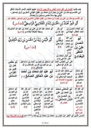 Page
46
of
67
44
ُ‫اب‬َ‫ت‬ِ‫ك‬ ‫ـ‬
ِ‫ة‬َ‫د‬ِ‫ئ‬‫ا‬‫ه‬‫الز‬ َ‫ين‬ِ‫ع‬َ‫ب‬ْ‫ر‬َ ْ
‫اْل‬َ‫و‬ ِ
‫ْر‬‫ش‬َ‫ع‬ْ‫ل‬‫ا‬ ِ‫ت‬‫ا‬َ‫ء‬‫ا‬َ‫ر‬ِ‫ق‬ْ‫ل‬‫ا‬ ‫ي‬ِ‫ف‬ ِ‫ل‬ِ‫َام‬‫ك‬ْ‫ل‬‫ا‬
ِ‫ل‬ِ‫ق‬‫ا‬‫ه‬‫ن‬‫ال‬ ِ‫ذ‬‫ا‬َ‫ت‬ْ‫س‬ُ ْ
‫اْل‬ ِ‫ام‬َ‫م‬ِْ
‫اْل‬ ُ‫يف‬ِ‫ل‬ْ‫أ‬َ‫ت‬ ‫ا‬َ‫ه‬ْ‫ي‬َ‫ل‬َ‫ع‬
‫ي‬ِ‫ب‬َ‫أ‬
،َ‫ور‬ُ‫ب‬‫ا‬َ‫س‬ْ‫ي‬َ‫ن‬ ِ‫ل‬‫ي‬ ِ
‫ز‬َ‫ن‬ ِ‫ي‬ِ‫ب‬ ِ
‫ر‬ْ‫غ‬َ‫م‬ْ‫ل‬‫ا‬ ِ‫ي‬ِ‫ل‬َ‫ذ‬ُ‫ه‬ْ‫ل‬‫ا‬ ٍ‫ل‬‫ي‬ِ‫ق‬َ‫ع‬ ِ‫ن‬ْ‫ب‬ ِ‫د‬‫ه‬‫م‬َ‫ح‬ُ‫م‬ ِ‫ن‬ْ‫ب‬ َ‫ة‬َ‫ار‬َ‫ب‬ُ‫ج‬ ِ‫ن‬ْ‫ب‬ ِ‫ي‬ِ‫ل‬َ‫ع‬ ِ‫ن‬ْ‫ب‬ َ‫ف‬ُ‫س‬‫و‬ُ‫ي‬ ِ‫م‬ِ‫س‬‫ا‬َ‫ق‬ْ‫ل‬‫ا‬
.ٍ‫ة‬َ‫ئ‬‫ا‬ِ‫م‬ِ‫ع‬َ‫ب‬ْ‫ر‬َ‫أ‬َ‫و‬ َ‫ين‬ِ‫ت‬ِ‫س‬َ‫و‬ ٍ
‫س‬ْ‫م‬َ‫خ‬ َ‫ة‬َ‫ن‬َ‫س‬ ‫ا‬َ‫ه‬ِ‫ب‬ َ‫ي‬ِ‫ف‬ُ‫و‬ُ‫ت‬
ُ‫ب‬َ‫أ‬
‫و‬
ُ‫ف‬ُ‫س‬‫و‬ُ‫ي‬ ِ‫م‬ِ‫س‬‫ا‬َ‫ق‬ْ‫ل‬‫ا‬
ْ‫ب‬ ِ‫د‬‫ه‬‫م‬َ‫ح‬ُ‫م‬ ِ‫ن‬ْ‫ب‬ َ‫ة‬َ‫ار‬َ‫ب‬ُ‫ج‬ ِ‫ن‬ْ‫ب‬ ِ‫ي‬ِ‫ل‬َ‫ع‬ ِ‫ن‬ْ‫ب‬
ُّ‫ي‬ِ‫ل‬َ‫ذ‬ُ‫ه‬ْ‫ل‬‫ا‬ ٍ‫ل‬‫ي‬ِ‫ق‬َ‫ع‬ ِ‫ن‬
ُّ‫ي‬ِ‫ب‬ ِ
‫ر‬ْ‫غ‬َ‫م‬ْ‫ل‬‫ا‬
( َ‫ور‬ُ‫ب‬‫ا‬َ‫س‬ْ‫ي‬َ‫ن‬ ِ‫ل‬‫ي‬ ِ
‫ز‬َ‫ن‬
465
)‫هـ‬
ُّ‫ر‬‫ي‬‫ط‬ ‫ي‬
‫اة‬َ‫و‬‫ِل‬‫ل‬‫ا‬ ُّ
‫ي‬
‫س‬‫ي‬‫ن‬ َ
‫ال‬َ‫ق‬‫ِل‬‫ل‬‫ا‬ ٍ‫ار‬َ‫ِلد‬‫ن‬ُ‫ب‬ ‫ي‬ ‫ِل‬
‫ني‬ َ
‫س‬ُ ‫ِل‬‫احل‬ ‫ي‬‫ن‬‫ِل‬‫ب‬ ‫د‬َّ‫م‬َ ُ
‫حم‬ ِّ ‫ي‬‫ع‬‫ِل‬‫ل‬‫ا‬ ‫و‬ُ‫ب‬َ
[
‫س‬/
]
ُ‫ب‬َ‫أ‬
‫و‬
ُ‫ن‬َ‫س‬َ‫ح‬ْ‫ل‬‫ا‬ ِ‫ء‬ َ
‫َل‬َ‫ع‬ْ‫ل‬‫ا‬
ِ‫ن‬ْ‫ب‬
ْ‫ح‬َ‫أ‬
ُّ‫ي‬ِ‫ن‬‫ا‬َ‫ذ‬َ‫م‬َ‫ه‬ْ‫ل‬‫ا‬ ِ
‫ار‬‫ه‬‫ط‬َ‫ع‬ْ‫ل‬‫ا‬ َ‫د‬َ‫م‬
(
‫ت‬/‫ق‬
)
ُ‫ب‬َ‫أ‬
‫و‬
ٍ
‫ر‬ْ‫ك‬َ‫ب‬
ُ‫د‬ْ‫ب‬َ‫ع‬
ِ‫ن‬ْ‫ب‬ ِ ‫ه‬
‫َّللا‬
ِ
‫ور‬ُ‫ص‬ْ‫ن‬َ‫م‬ْ‫ل‬‫ا‬
ِ‫ن‬ْ‫ب‬
ِ‫ي‬ِ‫ن‬ ‫ه‬
‫َل‬ِ‫ق‬‫ا‬َ‫ب‬ْ‫ل‬‫ا‬
ِ‫ي‬ِ‫ط‬ِ‫س‬‫ا‬َ‫و‬ْ‫ل‬‫ا‬
[
‫ت‬
]
ُ‫وف‬ُ‫ر‬ْ‫ع‬َ‫م‬ْ‫ل‬‫ا‬ ِ ‫ه‬
‫َّللا‬ ِ‫د‬ْ‫ب‬َ‫ع‬ ِ‫ن‬ْ‫ب‬ َ‫د‬َ‫م‬ْ‫ح‬َ‫أ‬ ِ‫ن‬ْ‫ب‬ ِ‫ي‬ِ‫ل‬َ‫ع‬ ِ‫ن‬ْ‫ب‬ ِ ‫ه‬
‫َّللا‬ ُ‫د‬ْ‫ب‬َ‫ع‬ ٍ‫د‬‫ه‬‫م‬َ‫ح‬ُ‫م‬ ‫و‬ُ‫ب‬َ‫أ‬
ِ‫ِي‬‫د‬‫َا‬‫د‬ْ‫غ‬َ‫ب‬ْ‫ل‬‫ا‬ ِ‫اط‬‫ه‬‫ي‬َ‫خ‬ْ‫ل‬‫ا‬ ِ‫ط‬ْ‫ب‬ِ‫س‬ِ‫ب‬
[
‫س‬/‫ت‬
]
‫و‬ُ‫ب‬َ‫أ‬
ِ‫ن‬َ‫س‬َ‫ح‬ْ‫ل‬‫ا‬
ُ‫ن‬ْ‫ب‬ ُّ‫ي‬ِ‫ل‬َ‫ع‬
ِ
‫ر‬‫ه‬‫ي‬َ‫ق‬ُ‫م‬ْ‫ل‬‫ا‬
ُّ‫ي‬ِ‫د‬‫َا‬‫د‬ْ‫غ‬َ‫ب‬ْ‫ل‬‫ا‬
ِ‫د‬ْ‫ب‬َ‫ع‬ ‫ي‬ِ‫ب‬َ‫أ‬
ِ‫د‬‫ه‬‫م‬َ‫ح‬ُ‫م‬ ِ ‫ه‬
‫َّللا‬
ِ‫د‬‫ه‬‫م‬َ‫ح‬ُ‫م‬ ِ‫ن‬ْ‫ب‬
ِ‫ل‬‫َا‬‫ك‬ْ‫ل‬‫ا‬ ِ‫ن‬ْ‫ب‬
ِ‫ي‬ِ‫ل‬ ِ‫ح‬ْ‫ل‬‫ا‬
[
‫ت‬
]
‫ي‬‫ن‬‫ِل‬‫م‬ُ‫ي‬‫ِل‬‫ل‬‫ا‬ ‫و‬ُ‫ب‬َ
ُّ
‫ي‬‫ِلد‬‫ن‬‫ي‬‫ا‬‫ِل‬‫ل‬‫ا‬ ٍ‫د‬‫ِل‬‫ي‬َ ‫ي‬‫ن‬‫ِل‬‫ب‬ ‫ي‬‫ن‬ َ
‫س‬َ ‫ِل‬‫احل‬ ُ‫ن‬‫ِل‬‫ب‬ ُ‫د‬‫ِل‬‫ي‬َ
[
/
‫س‬
]
ِ‫ن‬ْ‫ب‬ ِ‫د‬‫ه‬‫م‬َ‫ح‬ُ‫م‬ ِ
‫ْر‬‫د‬َ‫ب‬ْ‫ل‬‫ا‬ ‫ي‬ِ‫ب‬َ‫أ‬
‫ي‬ِ‫ع‬‫ها‬‫د‬‫ال‬ َ‫ر‬َ‫م‬ُ‫ع‬
[
‫ت‬
]
َ‫د‬َ‫م‬ْ‫ح‬َ‫أ‬ ِ
‫اس‬‫ه‬‫ب‬َ‫ع‬ْ‫ل‬‫ا‬ ‫ي‬ِ‫ب‬َ‫أ‬ ‫ى‬َ‫ل‬َ‫ع‬
ِ‫ي‬ِ‫ط‬ِ‫س‬‫ا‬َ‫و‬ْ‫ل‬‫ا‬ ٍ‫ل‬‫ا‬َ‫ز‬َ‫غ‬ ِ‫ن‬ْ‫ب‬
[
‫ت‬
]
َ‫ل‬‫ي‬ِ‫ع‬‫ا‬َ‫م‬ْ‫س‬ِ‫إ‬ ِ‫ن‬ْ‫ب‬ َ‫د‬َ‫م‬ْ‫ح‬َ‫أ‬ ‫بن‬ ُ‫م‬‫ي‬ِ‫ه‬‫ا‬َ‫ر‬ْ‫ب‬ِ‫إ‬ َ‫اق‬َ‫ح‬ْ‫س‬ِ‫إ‬ ‫و‬ُ‫ب‬َ‫أ‬
‫ه‬‫م‬ُ‫ث‬ ُّ‫ي‬ ِ
‫َر‬‫د‬ْ‫ن‬َ‫ك‬ْ‫س‬ِْ
‫اْل‬ ٍ
‫س‬ ِ
‫ار‬َ‫ف‬ ِ‫ن‬ْ‫ب‬ َ‫م‬‫ي‬ِ‫ه‬‫ا‬َ‫ر‬ْ‫ب‬ِ‫إ‬ ِ‫ن‬ْ‫ب‬
[ ُّ‫ي‬ِ‫ق‬ْ‫ش‬َ‫م‬ِ‫الد‬
‫ت‬
]
ٍ
‫ص‬ْ‫ف‬َ‫ح‬ ‫و‬ُ‫ب‬َ‫أ‬
ُ‫ن‬ْ‫ب‬ ُ‫ر‬َ‫م‬ُ‫ع‬
ِ‫ن‬ْ‫ب‬ ِ
‫ير‬ِ‫د‬َ‫غ‬
ِ
‫اس‬‫ه‬‫و‬َ‫ق‬ْ‫ل‬‫ا‬
ُّ‫ي‬ِ‫ق‬ْ‫ش‬َ‫م‬ِ‫الد‬
ٍ‫د‬‫ه‬‫م‬َ‫ح‬ُ‫م‬ ‫و‬ُ‫ب‬َ‫أ‬
ُ‫ن‬ْ‫ب‬ ُ‫م‬ِ‫س‬‫ا‬َ‫ق‬ْ‫ل‬‫ا‬
ِ‫ن‬ْ‫ب‬ ِ
‫ر‬‫ه‬‫ف‬َ‫ظ‬ُ‫م‬ْ‫ل‬‫ا‬
ِ‫ن‬ْ‫ب‬ ِ‫د‬‫و‬ُ‫م‬ْ‫ح‬َ‫م‬
َ‫ر‬ِ‫ك‬‫ا‬َ‫س‬َ‫ع‬
[
‫ج‬/‫س‬
]
ِ‫ن‬ْ‫ب‬ ِ ‫ه‬
‫َّللا‬ ِ‫د‬ْ‫ب‬َ‫ع‬ ٍ‫د‬‫ه‬‫م‬َ‫ح‬ُ‫م‬ ‫ي‬ِ‫ب‬َ‫أ‬
ِ‫ن‬ْ‫ب‬ ِ‫ن‬ِ‫م‬ْ‫ؤ‬ُ‫م‬ْ‫ل‬‫ا‬ ِ‫د‬ْ‫ب‬َ‫ع‬
ِ‫ي‬ِ‫ط‬ِ‫س‬‫ا‬َ‫و‬ْ‫ل‬‫ا‬ ِ‫ه‬‫ي‬ ِ‫ج‬َ‫و‬ْ‫ل‬‫ا‬
[
‫ت‬
‫من‬ ‫تضمنه‬ ‫ما‬ ‫لَّجميع‬
‫قراءات‬
]
َ‫د‬َ‫م‬ْ‫ح‬َ‫أ‬ ِ‫ن‬ْ‫ب‬ ِ‫د‬‫ه‬‫م‬َ‫ح‬ُ‫م‬ ِ ‫ه‬
‫َّللا‬ ِ‫د‬ْ‫ب‬َ‫ع‬ ‫و‬ُ‫ب‬َ‫أ‬
ِ‫غ‬ِ‫ئ‬‫ا‬‫ه‬‫ص‬‫ال‬ ِ‫ق‬ِ‫ل‬‫ا‬َ‫خ‬ْ‫ل‬‫ا‬ ِ‫د‬ْ‫ب‬َ‫ع‬ ِ‫ن‬ْ‫ب‬
[
‫ت‬
]
ِ ‫ه‬
‫َّللا‬ ِ‫د‬ْ‫ب‬َ‫ع‬ ‫و‬ُ‫ب‬َ‫أ‬
ُ‫ن‬ْ‫ب‬ ُ‫د‬‫ه‬‫م‬َ‫ح‬ُ‫م‬
ِ‫ن‬ْ‫ب‬ ِ‫ي‬ِ‫ل‬َ‫ع‬
ِ‫ن‬ْ‫ب‬ ِ ‫ه‬
‫َّللا‬ ِ
‫ر‬ْ‫ص‬َ‫ن‬
ِ
‫اس‬‫ه‬‫ح‬‫ه‬‫ن‬‫ال‬
ُّ‫ي‬ ِ
‫ار‬َ‫ص‬ْ‫ن‬َ ْ
‫اْل‬
(
‫من‬ ‫س‬
‫إلى‬ ‫سبأ‬
‫ج‬/‫آخره‬
)
ُ‫د‬‫ه‬‫م‬َ‫ح‬ُ‫م‬ ‫ي‬ِ‫ل‬‫ا‬َ‫ع‬َ‫م‬ْ‫ل‬‫ا‬ ‫و‬ُ‫ب‬َ‫أ‬
ِ‫ي‬ِ‫ل‬َ‫ع‬ ِ‫ن‬ْ‫ب‬ َ‫د‬َ‫م‬ْ‫ح‬َ‫أ‬ ُ‫ن‬ْ‫ب‬
ِ‫ن‬ْ‫ب‬ ِ‫ن‬َ‫س‬َ‫ح‬ْ‫ل‬‫ا‬ ِ‫ن‬ْ‫ب‬
ِ‫ان‬‫ه‬‫ب‬‫ه‬‫ل‬‫ال‬
ُّ‫ي‬ِ‫ق‬ْ‫ش‬َ‫م‬ِ‫الد‬
[
‫ت‬
‫للعشرة‬
]
ِ ‫ه‬
‫َّللا‬ ِ‫د‬ْ‫ب‬َ‫ع‬ ‫و‬ُ‫ب‬َ‫أ‬
ُ‫ن‬ْ‫ب‬ ُ‫د‬‫ه‬‫م‬َ‫ح‬ُ‫م‬
ِ‫ن‬َ‫م‬ْ‫ح‬‫ه‬‫الر‬ ِ‫د‬ْ‫ب‬َ‫ع‬
ِ‫ن‬ْ‫ب‬ ِ‫ي‬ِ‫ل‬َ‫ع‬ ِ‫ن‬ْ‫ب‬
ِ‫ن‬َ‫س‬َ‫ح‬ْ‫ل‬‫ا‬ ‫ي‬ِ‫ب‬َ‫أ‬
ِ‫غ‬ِ‫ئ‬‫ا‬‫ه‬‫ص‬‫ال‬ ِ‫ن‬ْ‫ب‬
[ ُّ‫ي‬ِ‫ف‬َ‫ن‬َ‫ح‬‫ال‬
‫ت‬
]
ٍ‫د‬‫ه‬‫م‬َ‫ح‬ُ‫م‬ ‫و‬ُ‫ب‬َ‫أ‬
ِ‫ن‬َ‫م‬ْ‫ح‬‫ه‬‫الر‬ ُ‫د‬ْ‫ب‬َ‫ع‬
ِ‫ن‬ْ‫ب‬ َ‫د‬َ‫م‬ْ‫ح‬َ‫أ‬ ُ‫ن‬ْ‫ب‬
ِ‫ن‬ْ‫ب‬ ِ‫ي‬ِ‫ل‬َ‫ع‬
ِ‫ِي‬‫د‬‫َا‬‫د‬ْ‫غ‬َ‫ب‬ْ‫ل‬‫ا‬
ُّ‫ي‬ِ‫ط‬ِ‫س‬‫ا‬َ‫و‬ْ‫ل‬‫ا‬
ُّ‫ي‬ ِ
‫ر‬ْ‫ص‬ِ‫م‬ْ‫ل‬‫ا‬
ُّ‫ي‬ِ‫ع‬ِ‫ف‬‫ها‬‫ش‬‫ال‬
[
‫ت‬
]
ُ‫د‬ْ‫ب‬َ‫ع‬ ٍ
‫ر‬ْ‫ك‬َ‫ب‬ ‫و‬ُ‫ب‬َ‫أ‬
ُ‫ن‬ْ‫ب‬ ِ ‫ه‬
‫َّللا‬
‫ِي‬‫د‬ْ‫غ‬ُ‫د‬ْ‫ي‬َ‫أ‬
ُّ‫ِي‬‫س‬ْ‫ُّم‬‫ش‬‫ال‬
ُ‫وف‬ُ‫ر‬ْ‫ع‬َ‫م‬ْ‫ل‬‫ا‬
ِ‫ِي‬‫د‬ْ‫ن‬ُ‫َّج‬ْ‫ل‬‫ا‬ ِ‫ن‬ْ‫ب‬‫ا‬ِ‫ب‬
[
‫ت‬
]
َ‫اق‬َ‫ح‬ْ‫س‬ِ‫إ‬ ‫و‬ُ‫ب‬َ‫أ‬
ُ‫ن‬ْ‫ب‬ ُ‫م‬‫ي‬ِ‫ه‬‫ا‬َ‫ر‬ْ‫ب‬ِ‫إ‬
ِ‫ن‬ْ‫ب‬ َ‫د‬َ‫م‬ْ‫ح‬َ‫أ‬
ِ‫ن‬ْ‫ب‬ َ‫م‬‫ي‬ِ‫ه‬‫ا‬َ‫ر‬ْ‫ب‬ِ‫إ‬
ٍ‫م‬ِ‫ت‬‫ا‬َ‫ح‬
ُّ‫ي‬ ِ
‫َر‬‫د‬ْ‫ن‬َ‫ك‬ْ‫س‬ِْ
‫اْل‬
[
‫ش‬
]
( ُ‫ف‬ُ‫س‬‫و‬ُ‫ي‬ ُ‫ن‬ْ‫ب‬ ُ‫د‬‫ه‬‫م‬َ‫ح‬ُ‫م‬ ُ‫ن‬ْ‫ب‬ ُ‫د‬‫ه‬‫م‬َ‫ح‬ُ‫م‬ ،ِ‫ي‬ ِ
‫ر‬َ‫ز‬َ‫َّج‬ْ‫ل‬‫ا‬ ُ‫ن‬ْ‫ب‬‫ا‬ ِ
‫ر‬ْ‫ي‬َ‫خ‬ْ‫ل‬‫ا‬ ‫و‬ُ‫ب‬َ‫أ‬ ِ‫ِين‬‫د‬ْ‫ل‬‫ا‬ ُ‫س‬ْ‫َم‬‫ش‬
٨٣٣
)‫هـ‬
[
/‫ق‬
‫ق‬ /‫لألربعة‬ ‫ت‬.‫د‬
]
 