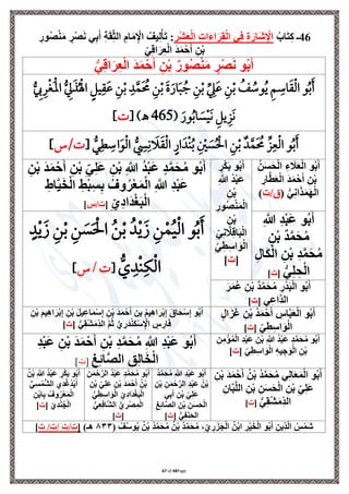 Page
48
of
67
46
ُ‫اب‬َ‫ت‬ِ‫ك‬ ‫ـ‬
ِ
‫ْر‬‫ش‬َ‫ع‬ْ‫ل‬‫ا‬ ِ‫ت‬‫ا‬َ‫ء‬‫ا‬َ‫ر‬ِ‫ق‬ْ‫ل‬‫ا‬ ‫ي‬ِ‫ف‬ ِ‫ة‬َ‫َار‬‫ش‬ِْ
‫اْل‬
ِ
‫ور‬ُ‫ص‬ْ‫ن‬َ‫م‬ ٍ
‫ر‬ْ‫ص‬َ‫ن‬ ‫ي‬ِ‫ب‬َ‫أ‬ ِ‫ة‬َ‫ق‬ِ‫الث‬ ِ‫ام‬َ‫م‬ِْ
‫اْل‬ ُ‫يف‬ِ‫ل‬ْ‫أ‬َ‫ت‬ :
ِ‫ي‬ِ‫ق‬‫ا‬َ‫ر‬ِ‫ع‬ْ‫ل‬‫ا‬ َ‫د‬َ‫م‬ْ‫ح‬َ‫أ‬ ِ‫ن‬ْ‫ب‬
ُ‫ب‬َ‫أ‬
‫و‬
‫ور‬ُ‫ص‬ْ‫ن‬َ‫م‬ ٍ
‫ر‬ْ‫ص‬َ‫ن‬
ُّ‫ي‬ِ‫ق‬‫ا‬َ‫ر‬ِ‫ع‬ْ‫ل‬‫ا‬ َ‫د‬َ‫م‬ْ‫ح‬َ‫أ‬ ِ‫ن‬ْ‫ب‬
ُّ ‫ي‬
‫إل‬‫ي‬‫ل‬‫ِل‬‫غ‬َ‫ِل‬‫مل‬‫ا‬ ُّ ‫ي‬
‫د‬َ‫ر‬ُ ‫ِل‬‫اْل‬ ٍ ‫ي‬‫ي‬‫ق‬َ‫ع‬ ‫ي‬‫ن‬‫ِل‬‫ب‬ ‫ي‬‫د‬َّ‫م‬َ ُ
‫حم‬ ‫ي‬‫ن‬‫ِل‬‫ب‬ َ‫ة‬َ‫ار‬َ‫ب‬ ُ ‫ي‬‫ن‬‫ِل‬‫ب‬ ِّ
‫ي‬
‫ه‬َ‫ع‬ ‫ي‬‫ن‬‫ِل‬‫ب‬ ُ
‫ف‬ ُ
‫وة‬ُ‫ي‬ ‫ي‬ ‫ي‬
‫اة‬َ‫ق‬‫ِل‬‫ل‬‫ا‬ ‫و‬ُ‫ب‬َ
( َ‫ور‬ُ‫ب‬‫ا‬ َ
‫س‬‫ِل‬‫ي‬َ‫ن‬ ‫ي‬ ‫ي‬‫ي‬ َ‫ن‬
465
)‫ـه‬
[
]
ٍ‫ار‬َ‫ِلد‬‫ن‬ُ‫ب‬ ‫ي‬ ‫ِل‬
‫ني‬ َ
‫س‬ُ ‫ِل‬‫احل‬ ‫ي‬‫ن‬‫ِل‬‫ب‬ ‫د‬َّ‫م‬َ ُ
‫حم‬ ِّ ‫ي‬‫ع‬‫ِل‬‫ل‬‫ا‬ ‫و‬ُ‫ب‬َ
ُّ‫ر‬‫ي‬‫ط‬ ‫ي‬
‫اة‬َ‫و‬‫ِل‬‫ل‬‫ا‬ ُّ
‫ي‬
‫س‬‫ي‬‫ن‬ َ
‫ال‬َ‫ق‬‫ِل‬‫ل‬‫ا‬
[
‫س‬/
]
ُ‫ب‬َ‫أ‬
‫و‬
ُ‫ن‬َ‫س‬َ‫ح‬ْ‫ل‬‫ا‬ ِ‫ء‬ َ
‫َل‬َ‫ع‬ْ‫ل‬‫ا‬
ِ
‫ار‬‫ه‬‫ط‬َ‫ع‬ْ‫ل‬‫ا‬ َ‫د‬َ‫م‬ْ‫ح‬َ‫أ‬ ِ‫ن‬ْ‫ب‬
ُّ‫ي‬ِ‫ن‬‫ا‬َ‫ذ‬َ‫م‬َ‫ه‬ْ‫ل‬‫ا‬
(
‫ت‬/‫ق‬
)
ُ‫ب‬َ‫أ‬
‫و‬
ٍ
‫ر‬ْ‫ك‬َ‫ب‬
ُ‫د‬ْ‫ب‬َ‫ع‬
ِ ‫ه‬
‫َّللا‬
ِ‫ن‬ْ‫ب‬
ِ
‫ور‬ُ‫ص‬ْ‫ن‬َ‫م‬ْ‫ل‬‫ا‬
ِ‫ن‬ْ‫ب‬
ِ‫ي‬ِ‫ن‬ ‫ه‬
‫َل‬ِ‫ق‬‫ا‬َ‫ب‬ْ‫ل‬‫ا‬
ِ‫ي‬ِ‫ط‬ِ‫س‬‫ا‬َ‫و‬ْ‫ل‬‫ا‬
[
‫ت‬
]
َ‫د‬َ‫م‬ْ‫ح‬َ‫أ‬ ِ‫ن‬ْ‫ب‬ ِ‫ي‬ِ‫ل‬َ‫ع‬ ِ‫ن‬ْ‫ب‬ ِ ‫ه‬
‫َّللا‬ ُ‫د‬ْ‫ب‬َ‫ع‬ ٍ‫د‬‫ه‬‫م‬َ‫ح‬ُ‫م‬ ‫و‬ُ‫ب‬َ‫أ‬
ِ‫ن‬ْ‫ب‬
ِ‫اط‬‫ه‬‫ي‬َ‫خ‬ْ‫ل‬‫ا‬ ِ‫ط‬ْ‫ب‬ِ‫س‬ِ‫ب‬ ُ‫وف‬ُ‫ر‬ْ‫ع‬َ‫م‬ْ‫ل‬‫ا‬ ِ ‫ه‬
‫َّللا‬ ِ‫د‬ْ‫ب‬َ‫ع‬
ِ‫ي‬ِ‫د‬‫َا‬‫د‬ْ‫غ‬َ‫ب‬ْ‫ل‬‫ا‬
[
‫س‬/‫ت‬
]
ُ‫ب‬َ‫أ‬
‫و‬
ِ ‫ه‬
‫َّللا‬ ِ‫د‬ْ‫ب‬َ‫ع‬
‫د‬‫ه‬‫م‬َ‫ح‬ُ‫م‬
ِ‫ن‬ْ‫ب‬
ُ‫م‬
ِ‫ل‬‫َا‬‫ك‬ْ‫ل‬‫ا‬ ِ‫ن‬ْ‫ب‬ ِ‫د‬‫ه‬‫م‬َ‫ح‬
ُّ‫ي‬ِ‫ل‬ ِ‫ح‬ْ‫ل‬‫ا‬
[
‫ت‬
]
ٍ‫د‬‫ِل‬‫ي‬َ ‫ي‬‫ن‬‫ِل‬‫ب‬ ‫ي‬‫ن‬ َ
‫س‬َ ‫ِل‬‫احل‬ ُ‫ن‬‫ِل‬‫ب‬ ُ‫د‬‫ِل‬‫ي‬َ ‫ي‬‫ن‬‫ِل‬‫م‬ُ‫ي‬‫ِل‬‫ل‬‫ا‬ ‫و‬ُ‫ب‬َ
ُّ
‫ي‬‫ِلد‬‫ن‬‫ي‬‫ا‬‫ِل‬‫ل‬‫ا‬
[
/
‫س‬
]
ُ‫ب‬َ‫أ‬
‫و‬
‫د‬‫ه‬‫م‬َ‫ح‬ُ‫م‬ ِ
‫ْر‬‫د‬َ‫ب‬ْ‫ل‬‫ا‬
َ‫ر‬َ‫م‬ُ‫ع‬ ِ‫ن‬ْ‫ب‬
‫ي‬ِ‫ع‬‫ها‬‫د‬‫ال‬
[
‫ت‬
]
ُ‫ب‬َ‫أ‬
‫و‬
ُ‫د‬َ‫م‬ْ‫ح‬َ‫أ‬ ِ
‫اس‬‫ه‬‫ب‬َ‫ع‬ْ‫ل‬‫ا‬
ٍ‫ل‬‫ا‬َ‫ز‬َ‫غ‬ ِ‫ن‬ْ‫ب‬
ِ‫ي‬ِ‫ط‬ِ‫س‬‫ا‬َ‫و‬ْ‫ل‬‫ا‬
[
‫ت‬
]
ِ‫ن‬ْ‫ب‬ َ‫م‬‫ي‬ِ‫ه‬‫ا‬َ‫ر‬ْ‫ب‬ِ‫إ‬ ِ‫ن‬ْ‫ب‬ َ‫ل‬‫ي‬ِ‫ع‬‫ا‬َ‫م‬ْ‫س‬ِ‫إ‬ ِ‫ن‬ْ‫ب‬ َ‫د‬َ‫م‬ْ‫ح‬َ‫أ‬ ‫بن‬ ُ‫م‬‫ي‬ِ‫ه‬‫ا‬َ‫ر‬ْ‫ب‬ِ‫إ‬ َ‫اق‬َ‫ح‬ْ‫س‬ِ‫إ‬ ‫و‬ُ‫ب‬َ‫أ‬
[ ُّ‫ي‬ِ‫ق‬ْ‫ش‬َ‫م‬ِ‫الد‬ ‫ه‬‫م‬ُ‫ث‬ ُّ‫ي‬ ِ
‫َر‬‫د‬ْ‫ن‬َ‫ك‬ْ‫س‬ِْ
‫اْل‬ ٍ
‫س‬ ِ
‫ار‬َ‫ف‬
‫ت‬
]
ُ‫ب‬َ‫أ‬
‫و‬
ُ‫د‬ْ‫ب‬َ‫ع‬ ٍ‫د‬‫ه‬‫م‬َ‫ح‬ُ‫م‬
ِ‫ن‬ِ‫م‬ْ‫ؤ‬ُ‫م‬ْ‫ل‬‫ا‬ ِ‫د‬ْ‫ب‬َ‫ع‬ ِ‫ن‬ْ‫ب‬ ِ ‫ه‬
‫َّللا‬
ِ‫ي‬ِ‫ط‬ِ‫س‬‫ا‬ َ‫و‬ْ‫ل‬‫ا‬ ِ‫ه‬‫ي‬ ِ‫ج‬َ‫و‬ْ‫ل‬‫ا‬ ِ‫ن‬ْ‫ب‬
[
‫ت‬
]
ِ‫د‬ْ‫ب‬َ‫ع‬ ِ‫ن‬ْ‫ب‬ َ‫د‬َ‫م‬ْ‫ح‬َ‫أ‬ ِ‫ن‬ْ‫ب‬ ِ‫د‬‫ه‬‫م‬َ‫ح‬ُ‫م‬ ِ ‫ه‬
‫َّللا‬ ِ‫د‬ْ‫ب‬َ‫ع‬ ‫و‬ُ‫ب‬َ‫أ‬
ِ‫غ‬ِ‫ئ‬‫ا‬‫ه‬‫ص‬‫ال‬ ِ‫ق‬ِ‫ل‬‫ا‬َ‫خ‬ْ‫ل‬‫ا‬
[
‫ت‬
]
ِ‫ن‬ْ‫ب‬ َ‫د‬َ‫م‬ْ‫ح‬َ‫أ‬ ُ‫ن‬ْ‫ب‬ ُ‫د‬‫ه‬‫م‬َ‫ح‬ُ‫م‬ ‫ي‬ِ‫ل‬‫ا‬َ‫ع‬َ‫م‬ْ‫ل‬‫ا‬ ‫و‬ُ‫ب‬َ‫أ‬
ِ‫ان‬‫ه‬‫ب‬‫ه‬‫ل‬‫ال‬ ِ‫ن‬ْ‫ب‬ ِ‫ن‬َ‫س‬َ‫ح‬ْ‫ل‬‫ا‬ ِ‫ن‬ْ‫ب‬ ِ‫ي‬ِ‫ل‬َ‫ع‬
ُّ‫ي‬ِ‫ق‬ْ‫ش‬َ‫م‬ِ‫الد‬
[
‫ت‬
]
ُ‫د‬‫ه‬‫م‬َ‫ح‬ُ‫م‬ ِ ‫ه‬
‫َّللا‬ ِ‫د‬ْ‫ب‬َ‫ع‬ ‫و‬ُ‫ب‬َ‫أ‬
ِ‫ن‬ْ‫ب‬ ِ‫ن‬َ‫م‬ْ‫ح‬‫ه‬‫الر‬ ِ‫د‬ْ‫ب‬َ‫ع‬ ُ‫ن‬ْ‫ب‬
‫ي‬ِ‫ب‬َ‫أ‬ ِ‫ن‬ْ‫ب‬ ِ‫ي‬ِ‫ل‬َ‫ع‬
ِ‫غ‬ِ‫ئ‬‫ا‬‫ه‬‫ص‬‫ال‬ ِ‫ن‬ْ‫ب‬ ِ‫ن‬َ‫س‬َ‫ح‬ْ‫ل‬‫ا‬
[ ُّ‫ي‬ِ‫ف‬َ‫ن‬َ‫ح‬‫ال‬
‫ت‬
]
ِ‫ن‬َ‫م‬ْ‫ح‬‫ه‬‫الر‬ ُ‫د‬ْ‫ب‬َ‫ع‬ ٍ‫د‬‫ه‬‫م‬َ‫ح‬ُ‫م‬ ‫و‬ُ‫ب‬َ‫أ‬
ِ‫ن‬ْ‫ب‬ ِ‫ي‬ِ‫ل‬َ‫ع‬ ِ‫ن‬ْ‫ب‬ َ‫د‬َ‫م‬ْ‫ح‬َ‫أ‬ ُ‫ن‬ْ‫ب‬
ُّ‫ي‬ِ‫ط‬ِ‫س‬‫ا‬َ‫و‬ْ‫ل‬‫ا‬ ِ‫ِي‬‫د‬‫َا‬‫د‬ْ‫غ‬َ‫ب‬ْ‫ل‬‫ا‬
ُّ‫ي‬ِ‫ع‬ِ‫ف‬‫ها‬‫ش‬‫ال‬ ُّ‫ي‬ ِ
‫ر‬ْ‫ص‬ِ‫م‬ْ‫ل‬‫ا‬
[
‫ت‬
]
‫و‬ُ‫ب‬َ‫أ‬
ُ‫ن‬ْ‫ب‬ ِ ‫ه‬
‫َّللا‬ ُ‫د‬ْ‫ب‬َ‫ع‬ ٍ
‫ر‬ْ‫ك‬َ‫ب‬
ُّ‫ِي‬‫س‬ْ‫ُّم‬‫ش‬‫ال‬ ‫ِي‬‫د‬ْ‫غ‬ُ‫د‬ْ‫ي‬َ‫أ‬
ِ‫ن‬ْ‫ب‬‫ا‬ِ‫ب‬ ُ‫وف‬ُ‫ر‬ْ‫ع‬َ‫م‬ْ‫ل‬‫ا‬
[ ِ‫ِي‬‫د‬ْ‫ن‬ُ‫َّج‬ْ‫ل‬‫ا‬
‫ت‬
]
( ُ‫ف‬ُ‫س‬‫و‬ُ‫ي‬ ُ‫ن‬ْ‫ب‬ ُ‫د‬‫ه‬‫م‬َ‫ح‬ُ‫م‬ ُ‫ن‬ْ‫ب‬ ُ‫د‬‫ه‬‫م‬َ‫ح‬ُ‫م‬ ،ِ‫ي‬ ِ
‫ر‬َ‫ز‬َ‫َّج‬ْ‫ل‬‫ا‬ ُ‫ن‬ْ‫ب‬‫ا‬ ِ
‫ر‬ْ‫ي‬َ‫خ‬ْ‫ل‬‫ا‬ ‫و‬ُ‫ب‬َ‫أ‬ ِ‫ِين‬‫د‬ْ‫ل‬‫ا‬ ُ‫س‬ْ‫َم‬‫ش‬
٨٣٣
)‫هـ‬
[
‫ت‬
/
‫ت‬ /‫ت‬/ ‫ت‬
]
 