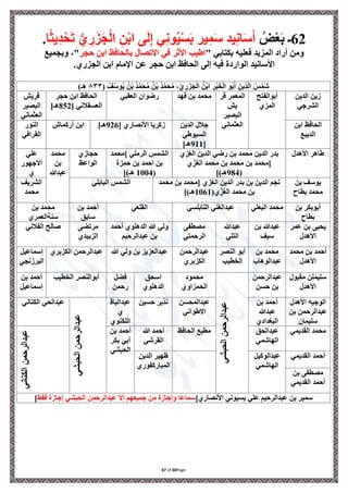 Page
60
of
67
62
ُ‫ض‬ْ‫ع‬َ‫ب‬ ‫ـ‬
ِ‫ن‬ْ‫ب‬‫ا‬ ‫ى‬َ‫ل‬ِ‫إ‬ ‫ي‬ِ‫ن‬‫و‬ُ‫ي‬ْ‫س‬َ‫ب‬ ‫ير‬ِ‫م‬َ‫س‬ ‫يد‬ِ‫ن‬‫ا‬َ‫س‬َ‫أ‬
‫ا‬ً‫ث‬‫ي‬ِ‫د‬ْ‫ح‬َ‫ت‬ ُّ‫ي‬ ِ
‫ر‬َ‫ز‬َ‫َّج‬ْ‫ل‬‫ا‬
.
" ‫بكتابي‬ ‫فعليه‬ ‫المزيد‬ ‫أراد‬ ‫ومن‬
‫حَّجر‬ ‫ابن‬ ‫بالحافظ‬ ‫االتصال‬ ‫في‬ ‫اْلثر‬ ‫اطيب‬
‫وبَّجميع‬ ،"
.‫الَّجزري‬ ‫ابن‬ ‫اْلمام‬ ‫عن‬ ‫حَّجر‬ ‫ابن‬ ‫الحافظ‬ ‫إلى‬ ‫فيه‬ ‫الواردة‬ ‫اْلسانيد‬
ُ‫ن‬ْ‫ب‬ ُ‫د‬‫ه‬‫م‬َ‫ح‬ُ‫م‬ ُ‫ن‬ْ‫ب‬ ُ‫د‬‫ه‬‫م‬َ‫ح‬ُ‫م‬ ،ِ‫ي‬ ِ
‫ر‬َ‫ز‬َ‫َّج‬ْ‫ل‬‫ا‬ ُ‫ن‬ْ‫ب‬‫ا‬ ِ
‫ر‬ْ‫ي‬َ‫خ‬ْ‫ل‬‫ا‬ ‫و‬ُ‫ب‬َ‫أ‬ ِ‫ِين‬‫د‬ْ‫ل‬‫ا‬ ُ‫س‬ْ‫َم‬‫ش‬
( ُ‫ف‬ُ‫س‬‫و‬ُ‫ي‬
٨٣٣
)‫هـ‬
‫الدين‬ ‫زين‬
‫الشرجي‬
‫أبوالفتح‬
‫المزي‬
‫المعمر‬
‫قر‬
‫يش‬
‫البصير‬
‫العثماني‬
‫فهد‬ ‫بن‬ ‫محمد‬
‫العقبي‬ ‫رضوان‬
‫حَّجر‬ ‫ابن‬ ‫الحافظ‬
[ ‫العسقَلني‬
852
]‫هـ‬
‫قريش‬
‫البصير‬
‫العثماني‬
‫ابن‬ ‫الحافظ‬
‫الديبع‬
‫الدين‬ ‫جَلل‬
‫السيوطي‬
[
911
]‫هـ‬
[ ‫اْلنصاري‬ ‫زكريا‬
926
]‫هـ‬
‫أركماش‬ ‫ابن‬
‫النور‬
‫القرافي‬
‫اْلهدل‬ ‫طاهر‬
‫الغزي‬ ‫الدين‬ ‫رضي‬ ‫بن‬ ‫محمد‬ ‫الدين‬ ‫بدر‬
[
‫ي‬ ِ
‫ز‬َ‫غ‬‫ال‬ ‫محمد‬ ‫بن‬ ‫محمد‬ ‫بن‬ ‫محمد‬
(
984
])‫هـ‬
‫[محمد‬ ‫الرملي‬ ‫الشمس‬
‫حمزة‬ ‫بن‬ ‫احمد‬ ‫بن‬
(
1004
])‫هـ‬
‫حَّجازي‬
‫الواعظ‬
‫محمد‬
‫بن‬
‫عبدهللا‬
‫علي‬
‫اْلجهور‬
‫ي‬
‫بن‬ ‫يوسف‬
‫بطاح‬ ‫محمد‬
[ ‫الغزي‬ ‫الدين‬ ‫بدر‬ ‫بن‬ ‫الدين‬ ‫نَّجم‬
‫محمد‬ ‫بن‬ ‫محمد‬
‫محمد‬ ‫بن‬
(‫ي‬ ِ
‫ز‬َ‫غ‬‫ال‬
1061
])‫هـ‬
‫البابلي‬ ‫الشمس‬
‫الشريف‬
‫محمد‬
‫بن‬ ‫أبوبكر‬
‫بطاح‬
‫البعلي‬ ‫محمد‬
‫النابلسي‬ ‫عبدالغني‬
‫القلعي‬
‫بن‬ ‫أحمد‬
‫سابق‬
‫بن‬ ‫محمد‬
‫سنةالعمري‬
‫عمر‬ ‫بن‬ ‫يحيى‬
‫اْلهدل‬
‫بن‬ ‫عبدهللا‬
‫سيف‬
‫عبدهللا‬
‫التلي‬
‫مصطفى‬
‫الرحمتي‬
‫أحمد‬ ‫الدهلوي‬ ‫هللا‬ ‫ولي‬
‫عبدالرحيم‬ ‫بن‬
‫مرتضى‬
‫الزبيدي‬
‫الفَلني‬ ‫صالح‬
‫محمد‬ ‫بن‬ ‫أحمد‬
‫اْلهدل‬
‫بن‬ ‫محمد‬
‫عبدالوهاب‬
‫النصر‬ ‫أبو‬
‫الخطيب‬
‫عبدالرحمن‬
‫الكزبري‬
‫هللا‬ ‫ولي‬ ‫بن‬ ‫عبدالعزيز‬
‫الكزبري‬ ‫عبدالرحمن‬
‫إسماعيل‬
‫البرزنَّجي‬
‫مقبول‬ ‫سليملن‬
‫اْلهدل‬
‫عبدالرحمن‬
‫حسن‬ ‫بن‬
‫الحبشي‬
‫عبدالرحمن‬
‫محمود‬
‫الحمزاوي‬
‫اسحق‬
‫الدهلوي‬
‫فضل‬
‫رحمن‬
‫الخطيب‬ ‫أبوالنصر‬
‫بن‬ ‫أحمد‬
‫إسماعيل‬
‫اْلهدل‬ ‫الوجيه‬
‫بن‬ ‫عبدالرحمن‬
‫سليمان‬
‫بن‬ ‫أحمد‬
‫عبدهللا‬
‫البغدادي‬
‫عبدالمحسن‬
‫االطواني‬
‫حسين‬ ‫نذير‬
‫عبدالباق‬
‫ي‬
‫اللكنوي‬
‫الحبشي‬
‫عبدالرحمن‬
‫الكتاني‬ ‫عبدالحي‬
‫القديمي‬ ‫محمد‬
‫عبدالحق‬
‫الهاشمي‬
‫الحافظ‬ ‫مطيع‬
‫هللا‬ ‫أحمد‬
‫القرشي‬
‫بن‬ ‫أحمد‬
‫بكر‬ ‫أبي‬
‫الحبشي‬
‫الكتاني‬
‫عبدالرحمن‬
‫القديمي‬ ‫أحمد‬
‫عبدالوكيل‬
‫الهاشمي‬
‫الدين‬ ‫ظهير‬
‫المباركفوري‬
‫بن‬ ‫مصطفى‬
‫القديمي‬ ‫أحمد‬
[‫اْلنصاري‬ ‫بسيوني‬ ‫علي‬ ‫عبدالرحيم‬ ‫بن‬ ‫سمير‬
‫فقط‬ ‫إجازة‬ ‫الحبشي‬ ‫عبدالرحمن‬ ‫إال‬ ‫جميعهم‬ ‫من‬ ‫وإجازة‬ ‫سماعا‬
]
 