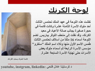 ‫لوحة‬
‫الكرنك‬
‫نقشت‬
‫الثالث‬ ‫تحتمس‬ ‫الملك‬ ‫عهد‬ ‫في‬ ‫اللوحة‬ ‫هذه‬
‫في‬ ‫قائمة‬ ‫وكانت‬ ‫عشرة‬ ‫الثامنة‬ ‫األسرة‬ ‫ملوك‬ ‫أحد‬
‫معبد‬ ‫في‬ ‫األعياد‬ ‫صالة‬ ‫بجانب‬ ‫صغيرة‬ ‫حجرة‬
‫بباريس‬ ‫اللوفر‬ ‫متحف‬ ‫إلى‬ ‫نقلت‬ ‫وقد‬ ،‫الكرنك‬
.
‫تضم‬
‫أسماء‬ ‫اللوحة‬
16
‫الثالث‬ ‫تحتمس‬ ‫أسالف‬ ‫من‬ ‫ملكا‬
‫الملك‬ ‫اسم‬ ‫وتاله‬ ‫منها‬ ‫األول‬ ‫األسم‬ ‫مس‬ُ‫ط‬
"
‫سنف‬
‫رو‬
"
‫بعض‬ ‫ملوك‬ ‫أسماء‬ ‫ثم‬ ‫الرابعة‬ ‫األسرة‬ ‫مؤسس‬
‫عشرة‬ ‫السابعة‬ ‫األسرة‬ ‫نهاية‬ ‫حتى‬ ‫األسرات‬
.
youtube, instgram, linkedin: ‫فتحي‬ ‫عادل‬ ‫كرستينا‬ ‫د‬
‫الكرنك‬ ‫بمعابد‬ ‫الملوك‬ ‫قائمة‬
 