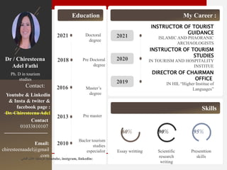 Dr / Chiresteena
Adel Fathi
Ph. D in tourism
studies
Education
Contact:
My Career :
Skills
Doctoral
degree
2021
2016
2013
2010
2021
INSTRUCTOR OF TOURIST
GUIDANCE
ISLAMIC AND PHAORANIC
ARCHAOLOGISTS
2020
INSTRUCTOR OF TOURISM
STUDIES
IN TOURISM AND HOSPITALITY
INSTITUE
2019
DIRECTOR OF CHAIRMAN
OFFICE
IN HIL “Higher Institue of
Languages”
Youtube & Linkedin
& Insta & twiter &
facebook page :
Dr. Chiresteena Adel
Contact
01033810107
Email:
chiresteenaadel@gmail
.com
Master’s
degree
Pre master
Baclor tourism
studies
especialist
60%
Essay writting Scientific
research
writing
Presenttion
skills
90% 95%
youtube, instgram, linkedin:
‫فتحي‬ ‫عادل‬ ‫كرستينا‬ ‫د‬
2018 Pre Doctoral
degree
 