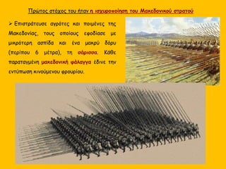 Πρώτος στόχος του ήταν η ισχυροποίηση του Μακεδονικού στρατού
 Επιστράτευσε αγρότες και ποιμένες της
Μακεδονίας, τους οποίους εφοδίασε με
μικρότερη ασπίδα και ένα μακρύ δόρυ
(περίπου 6 μέτρα), τη σάρισσα. Κάθε
παραταγμένη μακεδονική φάλαγγα έδινε την
εντύπωση κινούμενου φρουρίου.
 