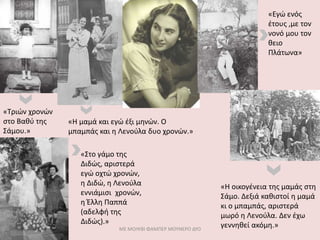 ΜΕ ΜΟΛΥΒΙ ΦΑΜΠΕΡ ΜΟΥΝΕΡΟ ΔΥΟ
«Εγώ ενός
έτους ,με τον
νονό μου τον
θειο
Πλάτωνα»
«Η μαμά και εγώ έξι μηνών. Ο
μπαμπάς και η Λενούλα δυο χρονών.»
«Η οικογένεια της μαμάς στη
Σάμο. Δεξιά καθιστοί η μαμά
κι ο μπαμπάς, αριστερά
μωρό η Λενούλα. Δεν έχω
γεννηθεί ακόμη.»
«Τριών χρονών
στο Βαθύ της
Σάμου.»
«Στο γάμο της
Διδώς, αριστερά
εγώ οχτώ χρονών,
η Διδώ, η Λενούλα
εννιάμισι χρονών,
η Έλλη Παππά
(αδελφή της
Διδώς).»
 