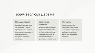 Теорія еволюції Дарвіна
Природний відбір
Дарвін обґрунтував ідею,
що організми з більше
пристосованими рисами
виживають та залишають
більше нащадків,
поступово змінюючи
популяцію.
Боротьба за
існування
Згідно Дарвіна, в природі
існує постійна боротьба
за обмежені ресурси, що
стимулює еволюцію та
виживання найбільш
пристосованих організмів.
Мінливість
Дарвін пояснив, що
природний відбір діє на
мінливі ознаки організмів,
відбираючи найбільш
вигідні для виживання
варіанти.
 