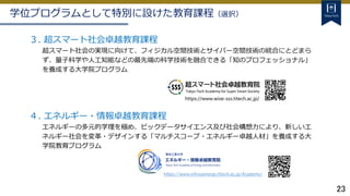 23
学位プログラムとして特別に設けた教育課程（選択）
３. 超スマート社会卓越教育課程
超スマート社会の実現に向けて、フィジカル空間技術とサイバー空間技術の統合にとどまら
ず、量子科学や人工知能などの最先端の科学技術を融合できる「知のプロフェッショナル」
を養成する大学院プログラム
https://www.wise-sss.titech.ac.jp/
４. エネルギー・情報卓越教育課程
エネルギーの多元的学理を極め、ビックデータサイエンス及び社会構想力により、新しいエ
ネルギー社会を変革・デザインする「マルチスコープ・エネルギー卓越人材」を養成する大
学院教育プログラム
https://www.infosyenergy.titech.ac.jp/Academy/
 