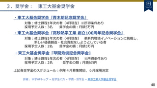 40
３．奨学金： 東工大基金奨学金
・東工大基金奨学金『草間秀俊記念奨学金』
対象：博士課程1年次の者（4月現在） ※所得条件あり
採用予定人数：2名 奨学金の額：月額6万円
・東工大基金奨学金『青木朗記念奨学金』
対象：修士課程1年次の者（4月現在）※所得条件あり
採用予定人数：3名 奨学金の額：月額5万円
詳細： 本学HPトップ ≫ 在学生の方 ≫ 学費・奨学金 ≫ 東京工業大学基金奨学金
・東工大基金奨学金『高砂熱学工業 創立100周年記念奨学金』
対象：修士課程1年次の者（4月現在） 革新的環境イノベーションに挑戦し、
新しい価値創造・社会貢献をしようとしている者
採用予定人数：2名 奨学金の額：月額5万円
上記各奨学金のスケジュール：例年４月募集開始，６月採用決定
 