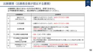 50
出願書類（志願者全員が提出する書類）
出願期間に提出できないものがある場合は、受理できません。
必ず募集要項を確認し、提出期限内に必要書類を揃えてください。
出願書類等 注意事項
①
宛名ラベル
（封筒に貼るラベル）
・出願サイトのマイページより、A4サイズでカラー印刷
・市販の角2封筒に貼り付けること
② 入学志願票 ・出願サイトのマイページより、A4サイズでカラー印刷
③ 志望理由書
・募集要項に記載のURLから様式をダウンロードし作成
・A4サイズ1枚に印刷（両面可）
・内容は募集要項各系ページの【志望理由書のテーマ等】に従うこと
④ 学士課程の成績証明書 ・原本（コピー不可）を提出
⑤
学士課程の卒業証明書
又は
卒業見込み証明書
・原本（コピー不可）を提出
・秋入学を希望の場合：2024年9月30日までに卒業したことを証する卒業（見
込み）証明書を提出
⑥
外部英語テストの
スコアシート
・スコアシート有効期限：2022年6月13日以降に受験したものに限る
・系等が指定する方法で提出すること（募集要項を確認）
 