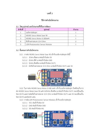 บทที่ 3
วิธีการดำเนินโครงงาน
3.1 วัสดุ อุปกรณ์ และโปรแกรมที่ใช้ในการพัฒนา
ลำดับที่ อุปกรณ์ จำนวน
1 บอร์ด KidBright 1
2 MG90S Servo Metal Gear 90 1
3 MG945 Servo Motor 0-180องศา 1
4 ตัวต้านทานขนาด 10 K Ohm 2
5 LDR Photoresistor Sensor Module 1
3.2 ขั้นตอนการดำเนินโครงงาน
3.2.1 การต่อ MG90S Servo Metal Gear 90 เข้ากับบอร์ด KidBright ดังนี้
3.2.1.1 นำสาย สีแดง มาต่อเข้ากับช่อง 5V
3.2.1.2 นำสาย สีดำ มาต่อเข้ากับช่อง GND
3.2.1.3 นำสาย สีเหลือง มาต่อเข้ากับช่อง OUT1
3.2.1.4 นำตัวต้านทานขนาด 10 K Ohm มาต่อเข้ากับช่อง OUT1 และ 5V
3.2.2 ในการต่อ MG945 Servo Motor 0-180 องศา เข้ากับบอร์ด KidBright ก็เหมือนกับการ
ต่อ MG90S Servo Metal Gear 90 แต่การนำสาย สีเหลือง มาต่อเข้ากับช่อง OUT1 จะเปลี่ยนเป็น
ช่อง OUT2 และการต่อตัวต้านทานขนาด 10 K Ohm มาต่อเข้ากับช่อง OUT1 และ 5V จะเปลี่ยนเป็น
ช่อง OUT2 และช่อง5V แทน
3.2.3 การต่อ LDR Photoresistor Sensor Module เข้ากับบอร์ด KidBright
3.2.1.1 VCC ต่อเข้ากับช่อง 5V
3.2.1.2 GND ต่อเข้ากับช่อง GND
3.2.1.2 DO ต่อเข้ากับช่อง IN1
 