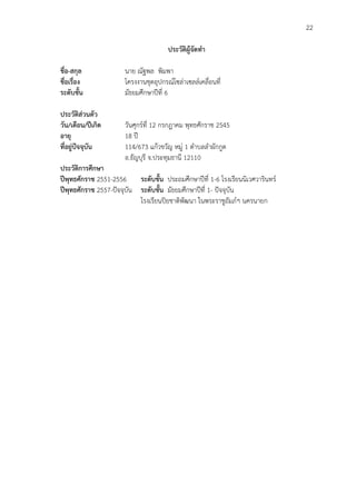 22
ประวัติผู้จัดทำ
ชื่อ-สกุล นาย ณัฐพล พิมพา
ชื่อเรื่อง โครงงานชุดอุปกรณ์โซล่าเซลล์เคลื่อนที่
ระดับชั้น มัธยมศึกษาปีที่ 6
ประวัติส่วนตัว
วัน/เดือน/ปีเกิด วันศุกร์ที่ 12 กรกฎาคม พุทธศักราช 2545
อายุ 18 ปี
ที่อยู่ปัจจุบัน 114/673 แก้วขวัญ หมู่ 1 ตำบลลำผักกูด
อ.ธัญบุรี จ.ประทุมธานี 12110
ประวัติการศึกษา
ปีพุทธศักราช 2551-2556 ระดับชั้น ประถมศึกษาปีที่ 1-6 โรงเรียนนิเวศวารินทร์
ปีพุทธศักราช 2557-ปัจจุบัน ระดับชั้น มัธยมศึกษาปีที่ 1- ปัจจุบัน
โรงเรียนปิยชาติพัฒนา ในพระราชูถัมภ์ฯ นครนายก
 