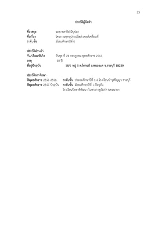 23
ประวัติผู้จัดทำ
ชื่อ-สกุล นาย พลาธิป มีบุปผา
ชื่อเรื่อง โครงงานชุดอุปกรณ์โซล่าเซลล์เคลื่อนที่
ระดับชั้น มัธยมศึกษาปีที่ 6
ประวัติส่วนตัว
วัน/เดือน/ปีเกิด วันพุธ ที่ 24 กรกฎาคม พุทธศักราช 2545
อายุ 18 ปี
ที่อยู่ปัจจุบัน 18/1 หมู่ 5 ต.โคกแย้ อ.หนองแค จ.สระบุรี 18230
ประวัติการศึกษา
ปีพุทธศักราช 2551-2556 ระดับชั้น ประถมศึกษาปีที่ 1-6 โรงเรียนบำรุงปัญญา สระบุรี
ปีพุทธศักราช 2557-ปัจจุบัน ระดับชั้น มัธยมศึกษาปีที่ 1-ปัจจุบัน
โรงเรียนปิยชาติพัฒนา ในพระราชูถัมภ์ฯ นครนายก
 