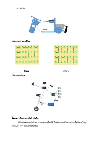 - ด้านข้าง
วงจรการต่อถ่านแบตลิเธียม
ด้านบน ด้านล่าง
ผังระบบการทางาน
ขั้นตอนการทางานของรถไฟฟ้าอัจฉริยะ
1.เมื่อสตาร์ทรถและบิดคันเร่ง ระบบจะทางานโดยส่งไฟไปยังกล่องคอลโทลและอุปกรณ์ไฟฟ้าภายในรถ
จากนั้นจะสั่งการให้มอเตอร์ล้อหน้าหมุน
 