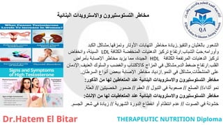 ‫البنائية‬ ‫واالسترويدات‬ ‫التستوستيرون‬ ‫مخاطر‬
‫والتقيؤ‬ ‫بالغثيان‬ ‫الشعور‬
.
‫وتمزقها‬ ‫األوتار‬ ‫التهابات‬ ‫مخاطر‬ ‫زيادة‬
.
‫الكبد‬ ‫مشاكل‬
‫وأورامه‬
.
‫الشباب‬ ّ‫ب‬َ‫ح‬
.
‫الكثافة‬ ‫المنخفضة‬ ‫الدهنيات‬ ‫تركيز‬ ‫ارتفاع‬
LDL
‫وانخفاض‬ ،‫السيئة‬
‫الكثافة‬ ‫المرتفعة‬ ‫الدهنيات‬ ‫تركيز‬
HDL
‫بأمراض‬ ‫اإلصابة‬ ‫مخاطر‬ ‫يزيد‬ ‫مما‬ ،‫الجيدة‬
‫القلب‬
.
‫الدم‬ ‫ضغط‬ ‫ارتفاع‬
.
‫العنيف‬ ‫والسلوك‬ ‫والغضب‬ ‫كاالكتئاب‬ ‫المزاج‬ ‫في‬ ‫مشاكل‬
.
‫اإلدمان‬
‫المنشطات‬ ‫على‬
.
‫النمو‬ ‫في‬ ‫مشاكل‬
.
‫السرطان‬ ‫أنواع‬ ‫ببعض‬ ‫اإلصابة‬ ‫مخاطر‬ ‫ازدياد‬
.
‫الذكور‬ ‫من‬ ‫لها‬ ‫المتعاطين‬ ‫عند‬ ‫البنائية‬ ‫واالسترويدات‬ ‫التستوستيرون‬ ‫مخاطر‬
:
‫أثداء‬ ‫نمو‬
//
‫الصلع‬
//
‫التبول‬ ‫في‬ ‫صعوبة‬
//
‫العقم‬
//
‫الخصيتين‬ ‫ضمور‬
//
‫ة‬ّ‫ن‬‫الع‬
.
‫اإلناث‬ ‫من‬ ‫لها‬ ‫المتعاطيات‬ ‫عند‬ ‫البنائية‬ ‫واالسترويدات‬ ‫التستوستيرون‬ ‫مخاطر‬
:
‫الصوت‬ ‫في‬ ‫خشونة‬
//
‫الشهرية‬ ‫الدورة‬ ‫انقطاع‬ ‫أو‬ ‫انتظام‬ ‫عدم‬
//
‫الجسم‬ ‫شعر‬ ‫في‬ ‫زيادة‬
.
 