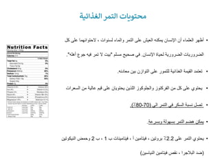 •
‫ك‬ ‫على‬ ‫الحتوائهما‬ ، ‫لسنوات‬ ‫والماء‬ ‫التمر‬ ‫على‬ ‫العيش‬ ‫يمكنه‬ ‫اإلنسان‬ ‫أن‬ ‫العلماء‬ ‫أظهر‬
‫ل‬
‫اإلنسان‬ ‫لحياة‬ ‫الضرورية‬ ‫الضروريات‬
.
‫مسلم‬ ‫صحيح‬ ‫في‬
"
‫أه‬ ‫جوع‬ ‫فيه‬ ‫تمر‬ ‫ال‬ ‫بيت‬
‫له‬
."
•
‫معادنه‬ ‫بين‬ ‫التوازن‬ ‫على‬ ‫للتمور‬ ‫الغذائية‬ ‫القيمة‬ ‫تعتمد‬
.
•
‫الس‬ ‫من‬ ‫عالية‬ ‫قيم‬ ‫على‬ ‫يحتويان‬ ‫اللذين‬ ‫والجلوكوز‬ ‫الفركتوز‬ ‫من‬ ‫كل‬ ‫على‬ ‫يحتوي‬
‫عرات‬
•
‫الى‬ ‫التمر‬ ‫في‬ ‫السكر‬ ‫نسبة‬ ‫تصل‬
(
70
-
80
٪
.)
•
‫وبسرعة‬ ‫بسهولة‬ ‫التمر‬ ‫هضم‬ ‫يمكن‬
.
•
‫على‬ ‫التمر‬ ‫يحتوي‬
2.2
‫فيتامين‬ ، ‫بروتين‬ ٪
‫أ‬
‫ب‬ ‫فيتامينات‬ ،
1
‫ب‬ ،
2
‫النيكوتين‬ ‫وحمض‬
(
‫ضد‬
‫البالجرا‬
‫النياسين‬ ‫فيتامين‬ ‫نقص‬ ،
)
‫الغذائية‬ ‫التمر‬ ‫محتويات‬
 
