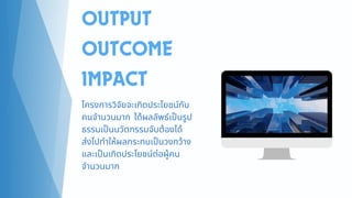 OUTPUT
OUTCOME
IMPACT
โครงการวิจัยจะเกิดประโยชน์กับ
คนจำนวนมาก ได้ผลลัพธ์เป็นรูป
ธรรมเป็นนวัตกรรมจับต้องได้
ส่งไปทำให้ผลกระทบเป็นวงกว้าง
และเป็นเกิดประโยชน์ต่อผู้คน
จำนวนมาก
 