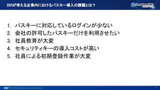 ©1993 - 2022 International Systems Research Co. All Rights Reserved.
ISRが考える企業内におけるパスキー導入の課題とは？
1. パスキーに対応しているログインが少ない
2. 会社の許可したパスキーだけを利用させたい
3. 社員教育が大変
4. セキュリティキーの導入コストが高い
5. 社員による初期登録作業が大変
12
 