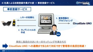 ©1993 - 2022 International Systems Research Co. All Rights Reserved. 22
1.キーの初期化
2. クレデンシャルの
作成
3. 資格情報の
プロビジョニング
事前登録サービス
事前に負担の大きいキーのキッティング作業を代行
CloudGate UNO への連携までまとめて対応できて管理者の負担を削減！
4) 社員による初期登録作業が大変 → 事前登録サービス
 