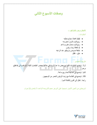 ‫الثاني‬ ‫األسبوع‬ ‫وصفات‬
: ‫بالباركيو‬ ‫برجر‬ ‫تشيكن‬
-
: ‫المكونات‬

150
‫مخليه‬ ‫دجاج‬ ‫افخاذ‬

‫مفرومه‬ ‫كزبره‬ ‫كوب‬ ‫ربع‬

‫ناعم‬ ‫مفروم‬ ‫بصل‬ ‫كوب‬ ‫ربع‬

2
‫زيت‬ ‫ملعقة‬
‫زيتون‬

‫باربيكيو‬ ‫صوص‬ ‫ملعقة‬
‫الرغبه‬ ‫عند‬

‫ملح‬
–
‫فلفل‬
: ‫التحضير‬ ‫طريقة‬
‫الى‬ ‫تقسم‬ ‫ثم‬ ) ‫الكبة‬ ( ‫الطعام‬ ‫محضر‬ ‫خالط‬ ‫في‬ ‫الزيت‬ ‫عدا‬ ‫ما‬ ‫بعض‬ ‫مع‬ ‫كلها‬ ‫المكونات‬ ‫توضع‬ : ‫أوال‬
4
‫قطع‬
. ‫برجر‬
. ‫ساعة‬ ‫ربع‬ ‫لمدة‬ ‫الثالجه‬ ‫في‬ ‫توضع‬ : ‫ثانيا‬
‫الو‬ ‫من‬ ‫لتحمر‬ ‫الزيتون‬ ‫زيت‬ ‫مع‬ ‫الطاسة‬ ‫في‬ ‫توضع‬ : ‫ثالثا‬
. ‫جهيين‬
. ‫السوا‬ ‫لتكملة‬ ‫الفرن‬ ‫الى‬ ‫تنقل‬ : ‫رابعا‬
‫على‬ ‫نسيحها‬ ‫الشيدر‬ ‫الجبن‬ ‫من‬ ‫شريحتين‬
‫يتعدى‬ ‫ال‬ ‫الواحده‬ ‫الشريحه‬ ‫حجم‬ ‫البرجر‬
15
‫جرام‬
 