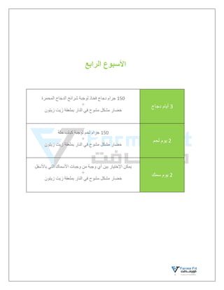 ‫الرابع‬ ‫األسبوع‬
3
‫دجاج‬ ‫أيام‬
150
‫دجاج‬ ‫جرام‬
‫فخاذ‬
‫لوجبة‬
‫المحمرة‬ ‫الدجاج‬ ‫شرائح‬
+
‫زيتون‬ ‫زيت‬ ‫بملعقة‬ ‫النار‬ ‫في‬ ‫مشوح‬ ‫مشكل‬ ‫خضار‬
2
‫لحم‬ ‫يوم‬
150
‫حلة‬ ‫كباب‬ ‫لوجبة‬ ‫لحم‬ ‫جرام‬
+
‫زيتون‬ ‫زيت‬ ‫بملعقة‬ ‫النار‬ ‫في‬ ‫مشوح‬ ‫مشكل‬ ‫خضار‬
2
‫سمك‬ ‫يوم‬
‫باألسفل‬ ‫التي‬ ‫األسماك‬ ‫وجبات‬ ‫من‬ ‫وجبة‬ ‫أي‬ ‫بين‬ ‫اإلختيار‬ ‫يمكن‬
+
‫في‬ ‫مشوح‬ ‫مشكل‬ ‫خضار‬
‫زيتون‬ ‫زيت‬ ‫بملعقة‬ ‫النار‬
 