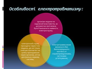 Особливості електротравматизму:
організм людини не
наділений властивістю, за
допомогою якої можна
було б визначити наявність
електроструму;
електротравма може
виникнути без
безпосереднього
контакту зі
струмопровідниками,
частинами
устаткування;
електричний струм,
проходячи через тіло
людини, діє не тільки
в місцях контактів і на
шляху проходження
через організм, а й на
центральну нервову
систему.
 