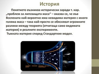 История
Понятието възниква исторически заради т. нар.
„проблем за липсващата маса“ – оказва се, че във
Вселената най-вероятно има невидима материя с много
голяма маса – така най-просто се обясняват огромните
разлики между теорията (отчитаща само видимата
материя) и реалните експерименти.
Тъмната материя според Стандартния модел.
 