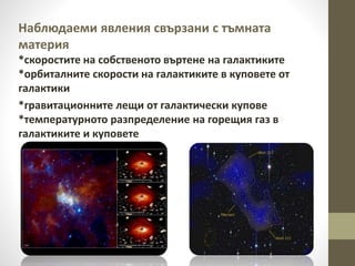 Наблюдаеми явления свързани с тъмната
материя
*скоростите на собственото въртене на галактиките
*орбиталните скорости на галактиките в куповете от
галактики
*гравитационните лещи от галактически купове
*температурното разпределение на горещия газ в
галактиките и куповете
 