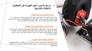 •
‫ا‬ ‫في‬ ‫الكهرباء‬ ‫أعمال‬ ‫تأسيس‬ ‫مراحل‬
‫لتشطيبات‬
‫والخارجية‬ ‫الداخلية‬
•
‫الكهرباء‬ ‫أعمال‬ ‫تأسيس‬ ‫قبل‬ ‫ما‬ ‫مرحلة‬
‫للمبنى‬ ‫الداخلي‬ ‫التصميم‬ ‫على‬ ‫الكهرباء‬ ‫أعمال‬ ‫في‬ ‫المرحلة‬ ‫هذه‬ ‫تعتمد‬
‫االستق‬ ‫من‬ ‫بد‬ ‫فال‬ ‫لذا‬ ،
‫على‬ ‫رار‬
‫قطع‬ ‫جميع‬ ‫وتوزيع‬ ‫الكهربائية‬ ‫االجهزة‬ ‫توزيع‬ ‫وأماكن‬ ‫النهائي‬ ‫التصميم‬
‫مس‬ ‫لتحديد‬ ‫؛‬ ‫األثاث‬
‫مواسير‬ ‫ارات‬
‫تعديال‬ ‫ألي‬ ‫حاجه‬ ‫هناك‬ ‫يكون‬ ‫ال‬ ‫حتى‬، ‫الكهرباء‬ ‫مفاتيح‬ ‫وأماكن‬ ‫الكهرباء‬
‫بعد‬ ‫فيما‬ ‫ت‬
.
•
‫التشطيبات‬ ‫في‬ ‫الكهرباء‬ ‫ألعمال‬ ‫التأسيس‬ ‫مرحلة‬
‫أع‬ ‫وتنفيذ‬ ‫تخطيط‬ ‫التشطيبات‬ ‫في‬ ‫الكهرباء‬ ‫أعمال‬ ‫من‬ ‫المرحلة‬ ‫هذه‬ ‫تتضمن‬
‫العالي‬ ‫التيار‬ ‫مال‬
‫والمتوسط‬
‫المستق‬ ‫الصيانة‬ ‫سهولة‬ ‫االعتبار‬ ‫في‬ ‫األخذ‬ ‫ويجب‬ ،‫الخفيف‬ ‫التيار‬ ‫وكذلك‬
‫مراع‬ ‫وكذلك‬ ‫بلية‬
‫جوانب‬ ‫اة‬
‫مثل‬ ‫الديكور‬ ‫في‬ ‫الذكية‬ ‫األنظمة‬ ‫مع‬ ‫التطوير‬
:
‫المركزي‬ ‫والدش‬ ‫الصوت‬ ‫وأنظمة‬ ‫المراقبة‬ ‫كاميرات‬
‫والبلوتوث‬
‫والواي‬
‫فاي‬
.
•
‫الكهرباء‬ ‫ألعمال‬ ‫النهائية‬ ‫التشطيبات‬
‫برايز‬ ‫تركيب‬ ‫على‬ ‫واإلضاءة‬ ‫الكهرباء‬ ‫ألعمال‬ ‫النهائية‬ ‫المرحلة‬ ‫تعتمد‬
‫ال‬ ‫أماكنها‬ ‫في‬ ‫الكهرباء‬
‫مخصصة‬
‫النجف‬ ‫أماكن‬ ‫وفتح‬ ،‫النور‬ ‫مفاتيح‬ ‫وكذلك‬
‫وسبوتات‬
‫وأخ‬ ‫بورد‬ ‫والجبس‬ ‫األسقف‬ ‫في‬ ‫اإلضاءة‬
‫تقفيل‬ ‫ا‬ً‫ير‬
‫القواطع‬ ‫لوحة‬
 