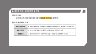 2. 시스템 구성 – 데이터 전파 및 저장
데이터 전파
• 클라이언트와 서버 간의 양방향 통신을 위해 웹소켓 통신 방식을 채택한다.
실시간 데이터 전송  서버와 클라이언트 간의 지속적인 연결을 유지하여 실시간으로 메시지를 주고받을 수 있다.
낮은 지연 시간  HTTP 요청 / 응답 주기와 달리 연결이 유지되므로 지연 시간이 적다.
양방향 통신  클라이언트와 서버가 서로 데이터를 보낼 수 있어 실시간 상호작용이 가능하다.
웹소켓 통신 채택 이유
 