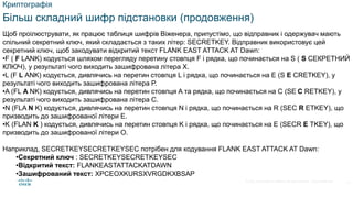 © 2021 Cisco and/or its affiliates. All rights reserved. Cisco Confidential
Криптографія
Більш складний шифр підстановки (продовження)
Щоб проілюструвати, як працює таблиця шифрів Віженера, припустімо, що відправник і одержувач мають
спільний секретний ключ, який складається з таких літер: SECRETKEY. Відправник використовує цей
секретний ключ, щоб закодувати відкритий текст FLANK EAST ATTACK AT Dawn:
•F ( F LANK) кодується шляхом перегляду перетину стовпця F і рядка, що починається на S ( S СЕКРЕТНИЙ
КЛЮЧ), у результаті чого виходить зашифрована літера X.
•L (F L ANK) кодується, дивлячись на перетин стовпця L і рядка, що починається на E (S E CRETKEY), у
результаті чого виходить зашифрована літера P.
•A (FL A NK) кодується, дивлячись на перетин стовпця A та рядка, що починається на C (SE C RETKEY), у
результаті чого виходить зашифрована літера C.
•N (FLA N K) кодується, дивлячись на перетин стовпця N і рядка, що починається на R (SEC R ETKEY), що
призводить до зашифрованої літери E.
•K (FLAN K ) кодується, дивлячись на перетин стовпця K і рядка, що починається на E (SECR E TKEY), що
призводить до зашифрованої літери O.
Наприклад, SECRETKEYSECRETKEYSEC потрібен для кодування FLANK EAST ATTACK AT Dawn:
•Секретний ключ : SECRETKEYSECRETKEYSEC
•Відкритий текст: FLANKEASTATTACKATDAWN
•Зашифрований текст: XPCEOXKURSXVRGDKXBSAP
11
 