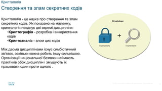 © 2021 Cisco and/or its affiliates. All rights reserved. Cisco Confidential
Криптологія
Створення та злам секретних кодів
Криптологія - це наука про створення та злам
секретних кодів. Як показано на малюнку,
криптологія поєднує дві окремі дисципліни:
•Криптографія - розробка і використання
кодів
•Криптоаналіз - злом цих кодів
Між двома дисциплінами існує симбіотичний
зв’язок, оскільки кожна робить іншу сильнішою.
Організації національної безпеки наймають
практиків обох дисциплін і змушують їх
працювати один проти одного .
18
 