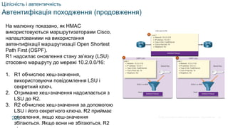 © 2021 Cisco and/or its affiliates. All rights reserved. Cisco Confidential
Цілісність і автентичність
Автентифікація походження (продовження)
На малюнку показано, як HMAC
використовуються маршрутизаторами Cisco,
налаштованими на використання
автентифікації маршрутизації Open Shortest
Path First (OSPF).
R1 надсилає оновлення стану зв’язку (LSU)
стосовно маршруту до мережі 10.2.0.0/16:
1. R1 обчислює хеш-значення,
використовуючи повідомлення LSU і
секретний ключ.
2. Отримане хеш-значення надсилається з
LSU до R2.
3. R2 обчислює хеш-значення за допомогою
LSU і його секретного ключа. R2 приймає
оновлення, якщо хеш-значення
збігаються. Якщо вони не збігаються, R2
32
 