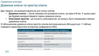 © 2021 Cisco and/or its affiliates. All rights reserved. Cisco Confidential
Управління ключами
Довжина ключа та простір ключа
Два терміни, які використовуються для опису ключів:
• Довжина ключа – також називається розміром ключа, це міра в бітах. У цьому курсі
ми будемо використовувати термін довжина ключа.
• Ключовий простір - це кількість можливостей, які можуть бути згенеровані певною
довжиною ключа.
Зі збільшенням довжини ключа простір ключів експоненціально збільшується. У таблиці
наведено характеристики алгоритму шифрування AES.
Опис характеристик AES Розширений стандарт шифрування
Хронологія Офіційний стандарт з 2001 року
Тип алгоритму Симетричний
Розмір ключа (у бітах) 128, 192 і 256
швидкість Високий
Час злому (якщо комп’ютер може
спробувати 255 ключів за секунду)
149 трильйонів років
Споживання ресурсів Низький
36
 