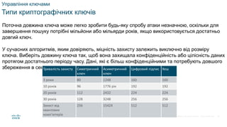 © 2021 Cisco and/or its affiliates. All rights reserved. Cisco Confidential
Управління ключами
Типи криптографічних ключів
Поточна довжина ключа може легко зробити будь-яку спробу атаки незначною, оскільки для
завершення пошуку потрібні мільйони або мільярди років, якщо використовується достатньо
довгий ключ.
У сучасних алгоритмів, яким довіряють, міцність захисту залежить виключно від розміру
ключа. Виберіть довжину ключа так, щоб вона захищала конфіденційність або цілісність даних
протягом достатнього періоду часу. Дані, які є більш конфіденційними та потребують довшого
збереження в секреті, повинні використовувати довші ключі.
Тривалість захисту Симетричний
ключ
Асиметричний
ключ
Цифровий підпис Хеш
3 роки 80 1248 160 160
10 років 96 1776 рік 192 192
20 років 112 2432 224 224
30 років 128 3248 256 256
Захист від
квантових
комп'ютерів
256 15424 512 512
38
 