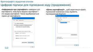 © 2021 Cisco and/or its affiliates. All rights reserved. Cisco Confidential
Криптографія з відкритим ключем
Цифрові підписи для підписання коду (продовження)
«Інформація про сертифікат» наведено цілі
сертифіката, кому було видано сертифікат і
хто видав сертифікат. Також відображається
термін дії сертифіката.
«Шлях сертифікації» , щоб переглянути файл,
підписаний компанією Cisco Systems,
підтверджений DigiCert.
58
 