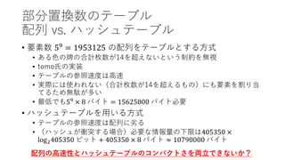 部分置換数のテーブル
配列 vs. ハッシュテーブル
• 要素数 59
= 1953125 の配列をテーブルとする方式
• ある色の牌の合計枚数が14を超えないという制約を無視
• tomo氏の実装
• テーブルの参照速度は高速
• 実際には使われない（合計枚数が14を超えるもの）にも要素を割り当
てるため無駄が多い
• 最低でも59 × 8 バイト = 15625000 バイト必要
• ハッシュテーブルを用いる方式
• テーブルの参照速度は配列に劣る
• （ハッシュが衝突する場合）必要な情報量の下限は405350 ×
log2405350 ビット + 405350 × 8 バイト ≈ 10790000 バイト
配列の高速性とハッシュテーブルのコンパクトさを両立できないか？
 
