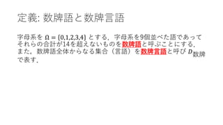 定義: 数牌語と数牌言語
字母系を Ω = 0,1,2,3,4 とする．字母系を9個並べた語であって
それらの合計が14を超えないものを数牌語と呼ぶことにする．
また，数牌語全体からなる集合（言語）を数牌言語と呼び 𝐷𝐷数牌
で表す．
 