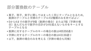 部分置換数のテーブル
• 萬子，筒子，索子に関してはまったく同じテーブルとなるため，
数牌のテーブルと字牌のテーブルの2種類のみを持てばよい
• 0から4までの数字が9個（数牌の場合）または7個（字牌の場
合）並んだもので数字の合計が14を超えないものをキーとする
テーブルとなる
• 数牌に対するテーブルのキーの場合の数は405350通り
• 字牌に対するテーブルのキーの場合の数は43130通り
• 以下，数牌の場合のみを考える（字牌の場合も同様）
 