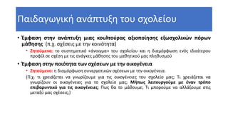 Παιδαγωγική ανάπτυξη του σχολείου
• Έμφαση στην ανάπτυξη μιας κουλτούρας αξιοποίησης εξωσχολικών πόρων
μάθησης (π.χ. σχέσεις με την κοινότητα)
• Ζητούμενα: το συστηματικό «άνοιγμα» του σχολείου και η διαμόρφωση ενός ιδιαίτερου
προφίλ σε σχέση με τις ανάγκες μάθησης του μαθητικού μας πληθυσμού
• Έμφαση στην ποιότητα των σχέσεων με την οικογένεια
• Ζητούμενο: η διαμόρφωση συνεργατικών σχέσεων με την οικογένεια.
(Π.χ. τι χρειάζεται να γνωρίζουμε για τις οικογένειες του σχολείο μας; Τι χρειάζεται να
γνωρίζουν οι οικογένειες για το σχολείο μας; Μήπως λειτουργούμε με έναν τρόπο
επιβαρυντικό για τις οικογένειες; Πως θα το μάθουμε; Τι μπορούμε να αλλάξουμε στις
μεταξύ μας σχέσεις;)
 