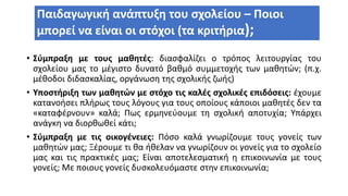 Παιδαγωγική ανάπτυξη του σχολείου – Ποιοι
μπορεί να είναι οι στόχοι (τα κριτήρια);
• Σύμπραξη με τους μαθητές: διασφαλίζει ο τρόπος λειτουργίας του
σχολείου μας το μέγιστο δυνατό βαθμό συμμετοχής των μαθητών; (π.χ.
μέθοδοι διδασκαλίας, οργάνωση της σχολικής ζωής)
• Υποστήριξη των μαθητών με στόχο τις καλές σχολικές επιδόσεις: έχουμε
κατανοήσει πλήρως τους λόγους για τους οποίους κάποιοι μαθητές δεν τα
«καταφέρνουν» καλά; Πως ερμηνεύουμε τη σχολική αποτυχία; Υπάρχει
ανάγκη να διορθωθεί κάτι;
• Σύμπραξη με τις οικογένειες: Πόσο καλά γνωρίζουμε τους γονείς των
μαθητών μας; Ξέρουμε τι θα ήθελαν να γνωρίζουν οι γονείς για το σχολείο
μας και τις πρακτικές μας; Είναι αποτελεσματική η επικοινωνία με τους
γονείς; Με ποιους γονείς δυσκολευόμαστε στην επικοινωνία;
 