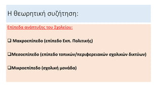 Η θεωρητική συζήτηση:
Επίπεδα ανάπτυξης του Σχολείου:
 Μακροεπίπεδο (επίπεδο Εκπ. Πολιτικής)
Μεσοεπίπεδο (επίπεδο τοπικών/περιφερειακών σχολικών δικτύων)
Μικροεπίπεδο (σχολική μονάδα)
 