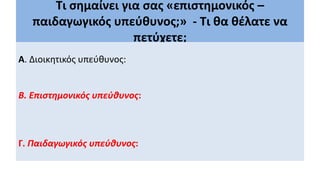 Τι σημαίνει για σας «επιστημονικός –
παιδαγωγικός υπεύθυνος;» - Τι θα θέλατε να
πετύχετε;
Α. Διοικητικός υπεύθυνος:
Β. Επιστημονικός υπεύθυνος:
Γ. Παιδαγωγικός υπεύθυνος:
 