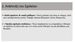 1. Ανάπτυξη του Σχολείου
«Καλό σχολείο» & «καλό μάθημα»: Ποιες (μπορεί να) είναι οι νόρμες; Από
που εκπορεύονται αυτές; Υπάρχει κάποια θεσμικού τύπου δέσμευση;
 «Υψηλές σχολικές επιδόσεις»: Ποιοι παράγοντες τις επηρεάζουν; Μπορεί
το σχολείο να κάνει κάτι και «τι» είναι αυτό; Μπορεί να μας βοηθήσει μια
θεωρία;
 