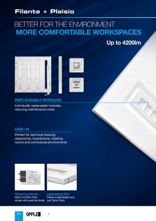 20
BETTER FOR THE ENVIRONMENT
MORE COMFORTABLE WORKSPACES
Up to 4200lm
Filante + Plaisio
Lightweight  Slim
Filante is lightweight and
just 18mm thick
REPLACEABLE MODULES
Individually replaceable modules,
reducing maintenance costs
Flicker-Free Drivers
DALI-2  DALI Push
drivers with push terminals
UGR16
Perfect for technical drawing,
classrooms, boardrooms, meeting
rooms and commercial environments
OPPLED
 
