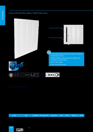 22
Cat No. Type Watts (W) Colour Temp. (K) Lumens (lm) Lm/W Beam Size (mm) Finish
100749 DALI-2 30 4000 4200 140 80° 595 x 595 x 18 White
Filante
Filante 30W LED 600 x 600mm UGR16 DALI Panel
• Supply Voltage: 220-240 AC
• Lifespan: L90B10 50,000hrs
• Operating Temperature: -25°C / +40°C
• Body: Aluminium
• Diffuser: Clear Polycarbonate
• Warranty: 5 Years (3 Years On-Site)
Technical Specifications
Conservation
of Fuel and
Power
compliant
• CAN BE
U
S
E
D
T
O
A
C
H
I
E
V
E
U
G
R
(
U
N
I
F
I
E
D
G
L
A
R
E
R
A
T
I
N
G
)
1
6
•
E
r
P
C
O
M
PLIANT
16
-

Individually replaceable LED modules, reducing
maintenance costs
-

UGR16 offering reduced glare for office and
education environments
- DALI-2 dimmable
- Loop-in loop-out driver
PANELS
Replaceable Modules*
Safety Cable included
For Emergency option please contact Sales.
*In the unlikely event that you should need replacement modules, please contact Sales.
OPPLED
 
