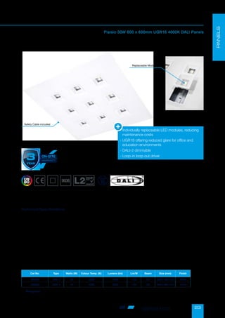23
Plaisio
Plaisio 30W 600 x 600mm UGR16 4000K DALI Panels
• Supply Voltage: 220-240 AC
• Lifespan: L90B10 50,000hrs
• Operating Temperature:-15°C / +35°C
• Body: Steel  Polycarbonate
• Diffuser: Clear Polycarbonate
• Warranty: 5 Years (3 Years On-Site)
Technical Specifications
-

Individually replaceable LED modules, reducing
maintenance costs
-

UGR16 offering reduced glare for office and
education environments
- DALI-2 dimmable
- Loop-in loop-out driver
PANELS
Cat No. Type Watts (W) Colour Temp. (K) Lumens (lm) Lm/W Beam Size (mm) Finish
302444 DALI-2 30 4000 4200 140 85° 595 x 595 x 25 White
302607 DALI-2 30 4000 3900 130 80° 595 x 595 x 25 Black
Conservation
of Fuel and
Power
compliant
• CAN BE
U
S
E
D
T
O
A
C
H
I
E
V
E
U
G
R
(
U
N
I
F
I
E
D
G
L
A
R
E
R
A
T
I
N
G
)
1
6
•
E
r
P
C
O
M
PLIANT
16
Replaceable Modules*
Safety Cable included
For Emergency option please contact Sales.
*In the unlikely event that you should need replacement modules, please contact Sales.
oppled.com
 