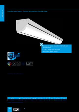 30
Cat No. Type Watts (W) Colour Temp. (K) Lumens (lm) Lm/W Beam Size (mm) Finish
100105 Non Dim 25 4000 4300 172 110° 1225 x 95 x 90 White
Princeton
Princeton 25W UGR19 1200mm Asymmetrical Cornice Linear
• Supply Voltage: 200-240 AC
• Lifespan: L80B50 50,000hrs
• Operating Temperature: -20°C / +40°C
• Body: Polycarbonate  Aluminium
• Diffuser: Opaque Polycarbonate
• Warranty: 5 Years (3 Years On-Site)
Technical Specifications
• CAN BE
U
S
E
D
T
O
A
C
H
I
E
V
E
U
G
R
(
U
N
I
F
I
E
D
G
L
A
R
E
R
A
T
I
N
G
)
1
9
•
E
r
P
C
O
M
PLIANT
19
Conservation
of Fuel and
Power
compliant
-

Suitable for use in education and healthcare
environments
- UGR19 offering reduced glare
- Asymmetrical light output
LINEARS
For DALI option please contact Sales.
OPPLED
 