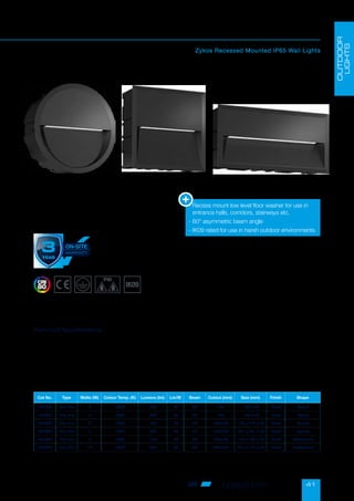41
Zykos
Zykos Recessed Mounted IP65 Wall Lights
• Supply Voltage: 220-240 AC
• Lifespan: L80B10 50,000hrs
• Operating Temperature: -15°C / +30°C
• Body: Aluminium
• Diffuser: Opaque Polycarbonate
• Warranty: 5 Years (3 Years On-Site)
Technical Specifications
-

Recess mount low level floor washer for use in
entrance halls, corridors, stairways etc.
- 60° asymmetric beam angle
- IK09 rated for use in harsh outdoor environments
OUTDOOR
LIGHTS
Cat No. Type Watts (W) Colour Temp. (K) Lumens (lm) Lm/W Beam Cutout (mm) Size (mm) Finish Shape
301820 Non Dim 5 2900 220 44 60° 130 135 x 78 Black Round
301821 Non Dim 8 2900 400 50 60° 196 196 x 78 Black Round
301822 Non Dim 5 2900 220 44 60° 130x130 136 x 136 x 78 Black Square
301823 Non Dim 8 2900 400 50 60° 195x195 201 x 201 x 78 Black Square
301824 Non Dim 5 2900 220 44 60° 196x130 196 x 130 x 78 Black Rectangular
301825 Non Dim 10 2900 500 50 60° 266x130 271 x 135 x 78 Black Rectangular
oppled.com
 