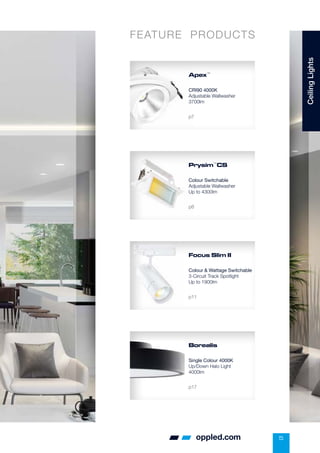 5
oppled.com
Apex™
CRI90 4000K
Adjustable Wallwasher
3700lm
p7
Prysim™
CS
Colour Switchable
Adjustable Wallwasher
Up to 4300lm
p8
Focus Slim II
Colour & Wattage Switchable
3-Circuit Track Spotlight
Up to 1900lm
p11
Borealis
Single Colour 4000K
Up/Down Halo Light
4000lm
p17
FEATURE PRODUCTS
Ceiling
Lights
 